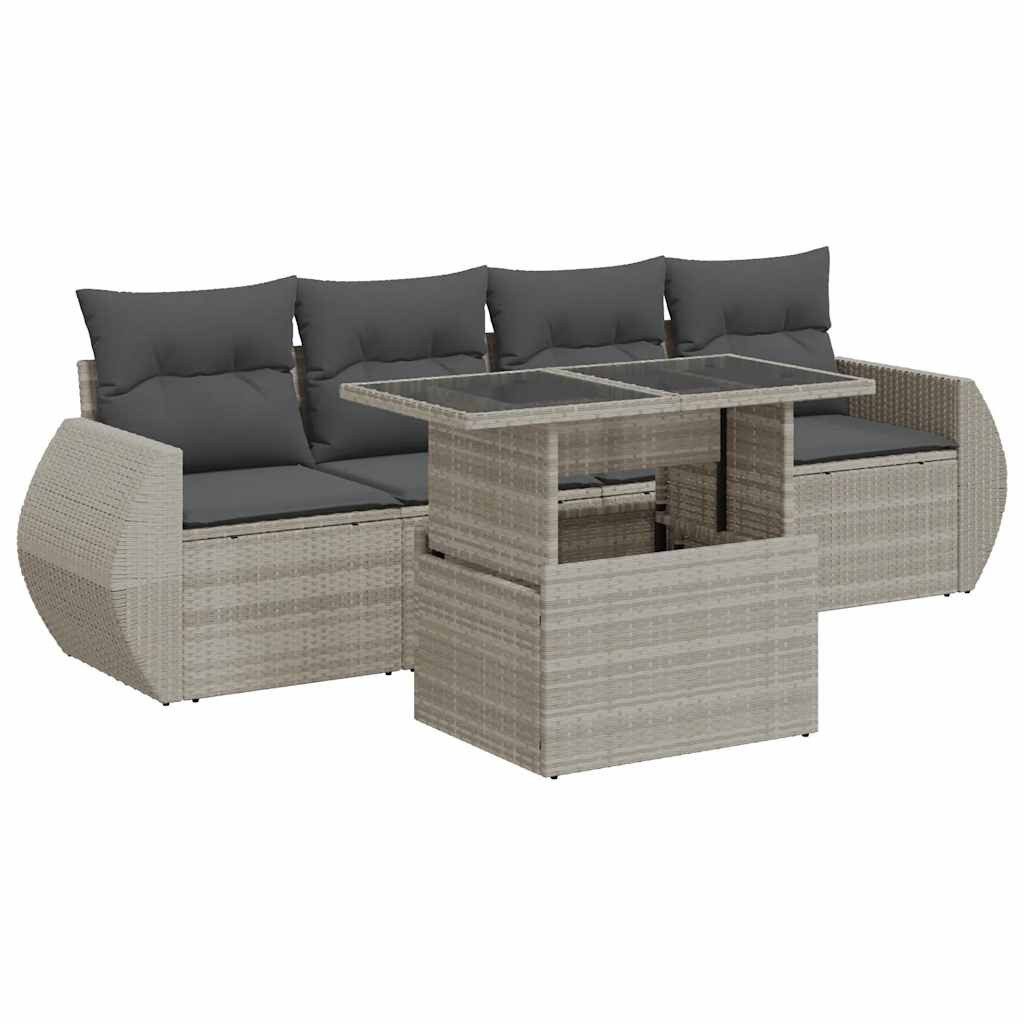 Gartenlounge-Set 5-tlg. Garten-Sofagarnitur mit Kissen Hellgrau Poly Rattan