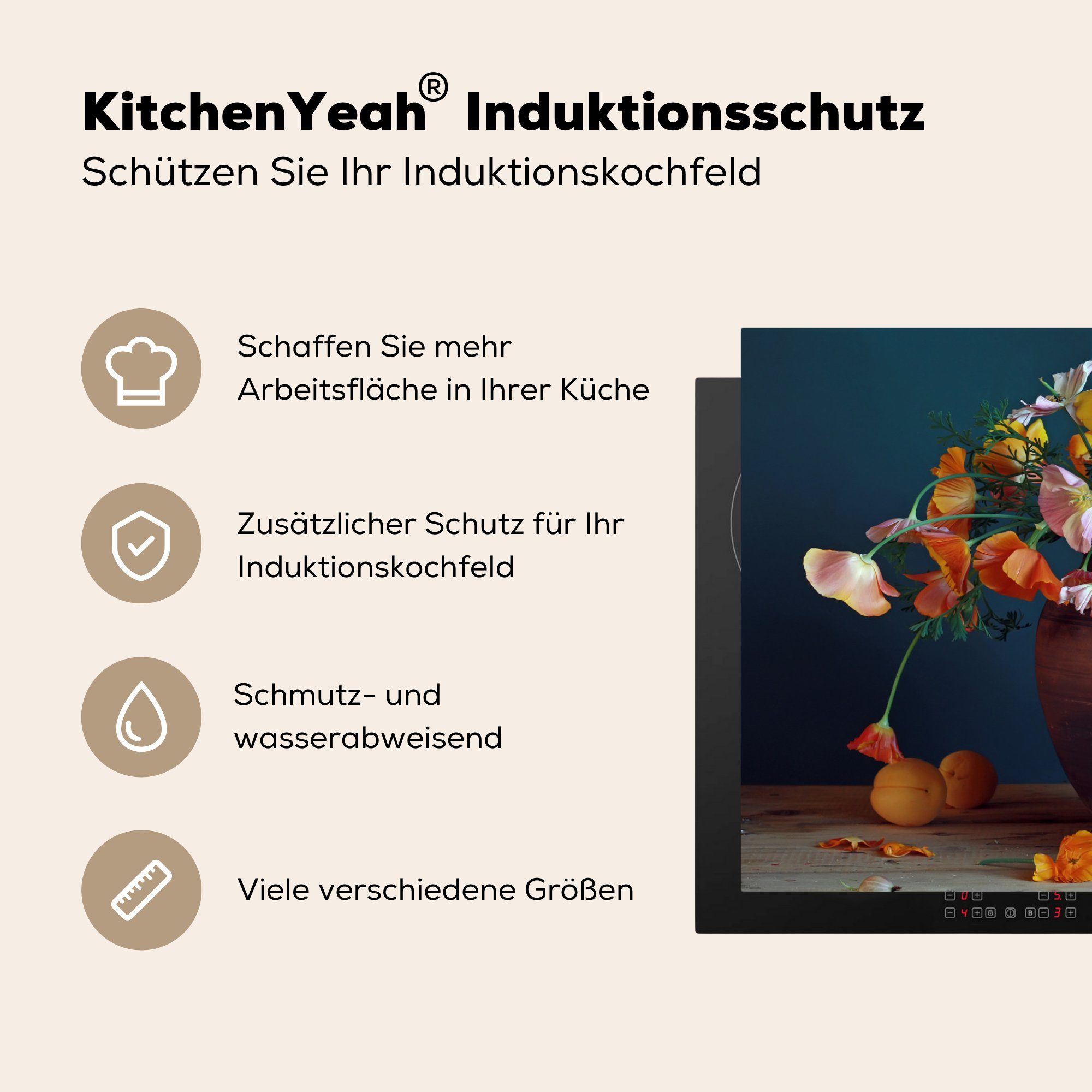 MuchoWow Herdblende-/Abdeckplatte Vase - Stilleben, 81x52 Vinyl, Induktionskochfeld (1 Ceranfeldabdeckung - Schutz küche, tlg), die cm, für Farben