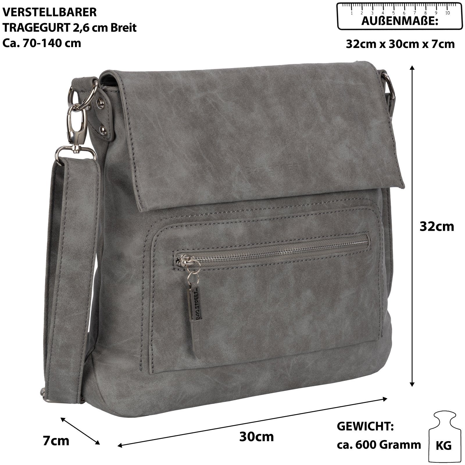 Street GRAU Bag Handtasche Schultertasche Umhängetasche Schultertasche, T0103, tragbar BAG als Damentasche Schlüsseltasche Umhängetasche STREET