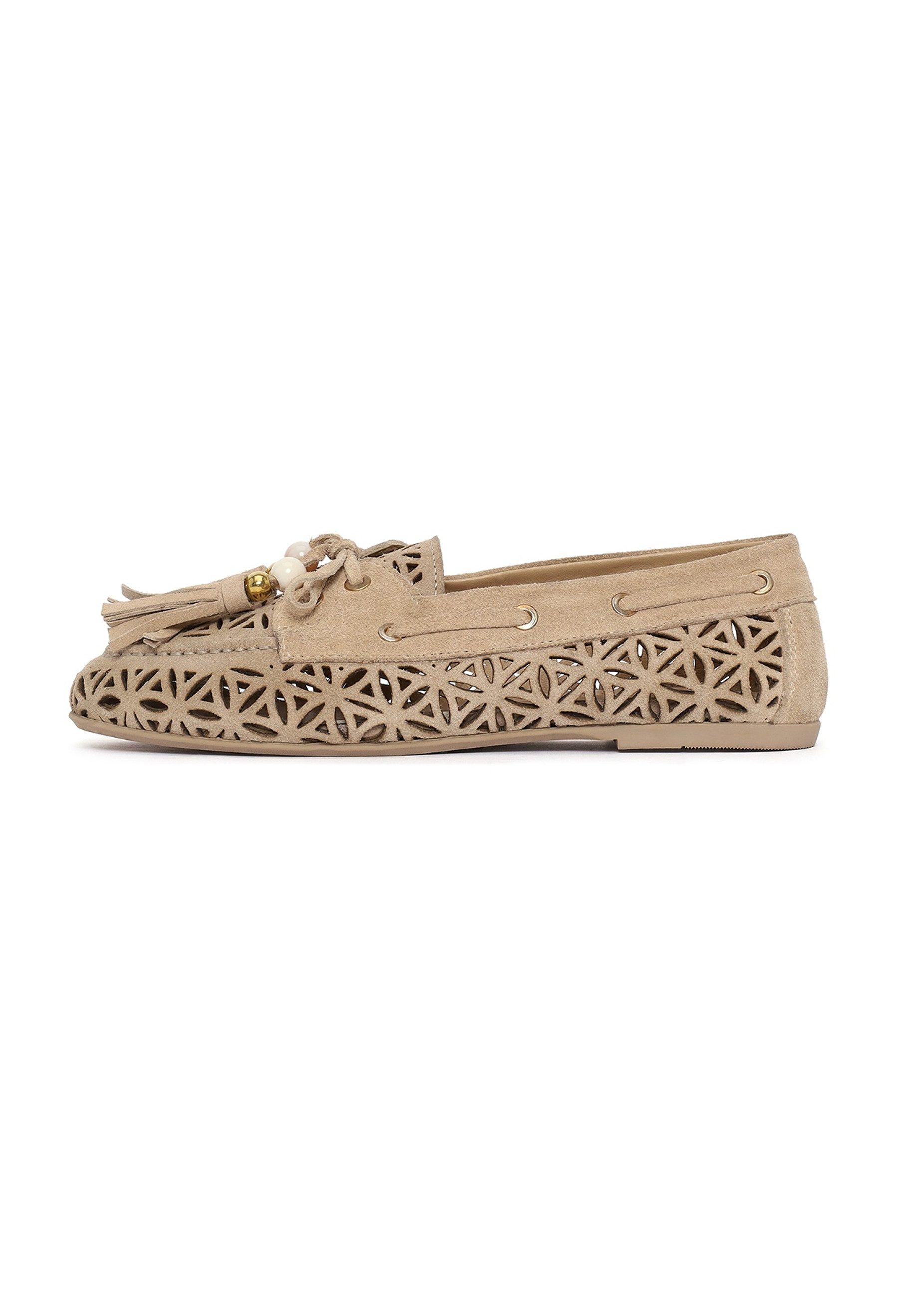 Derimod Loafer aus Veloursleder Loafer Wildleder, Laser-Cut-Design, Lederfutter, TPU-Sohle, Perlenquasten
