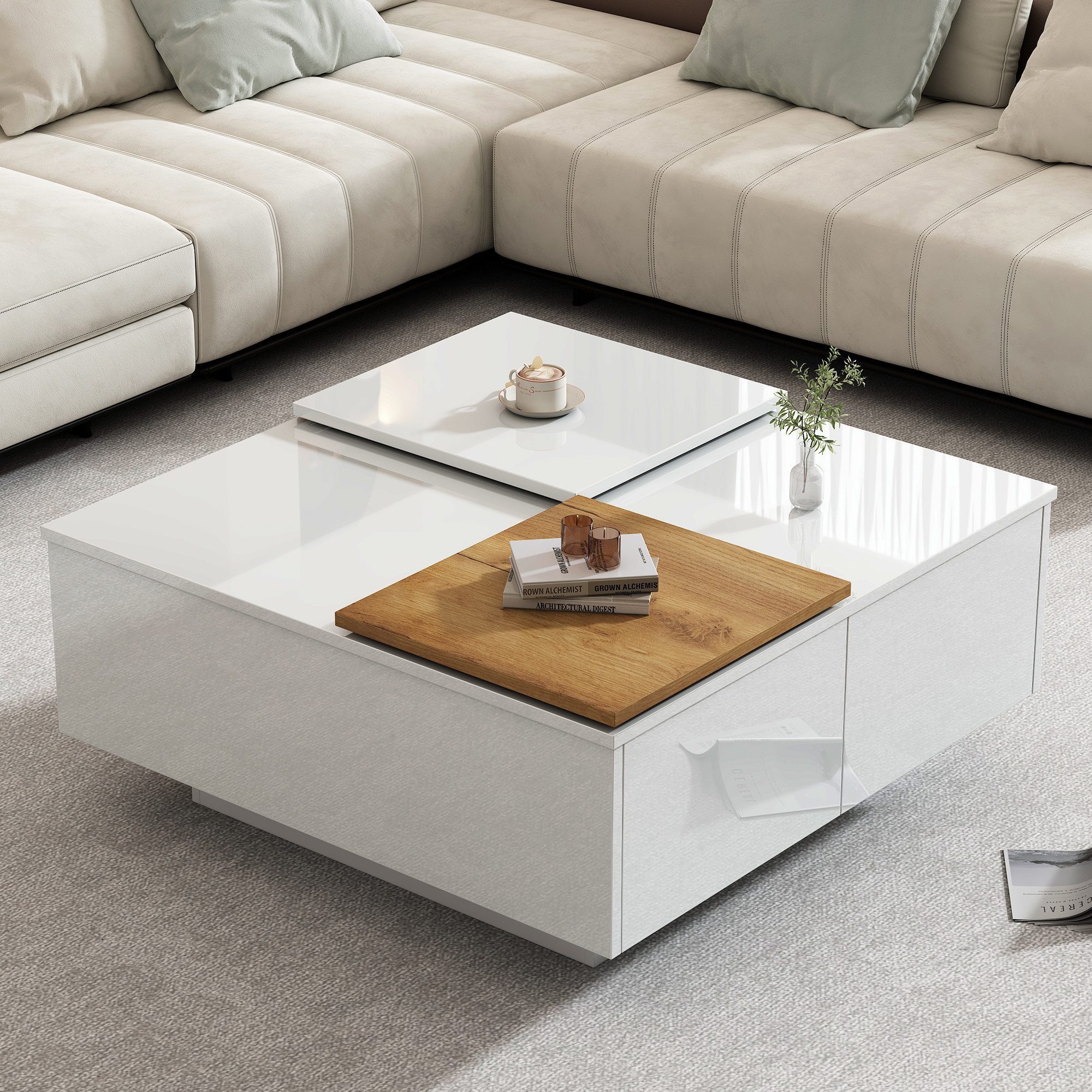 STILVORA Couchtisch mit verschiebbare Tischplatte,Wohnzimmertisch Sofatisch mit Schubladen (Satztisch, Wohnzimmertisch Beistelltisch, 1-St., 4 Schubladen), Hochglänzender quadratischer Couchtisch mit Ablagefläche