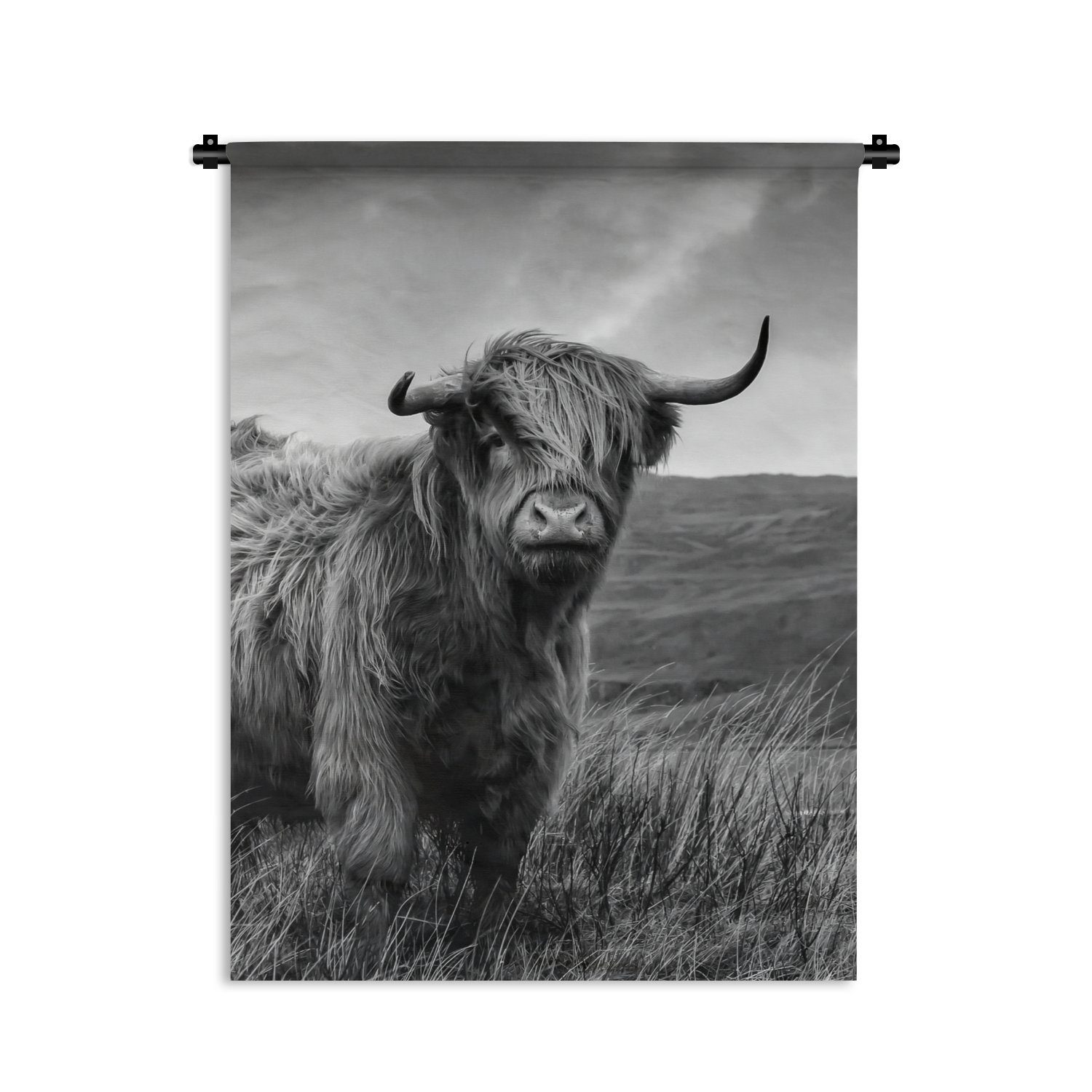 MuchoWow Wanddekoobjekt Schottischer Highlander - Berg - Wasser - Natur - Kuh, Deko für an der Wand, Wohnzimmer, Tapisserie, Schlafzimmer
