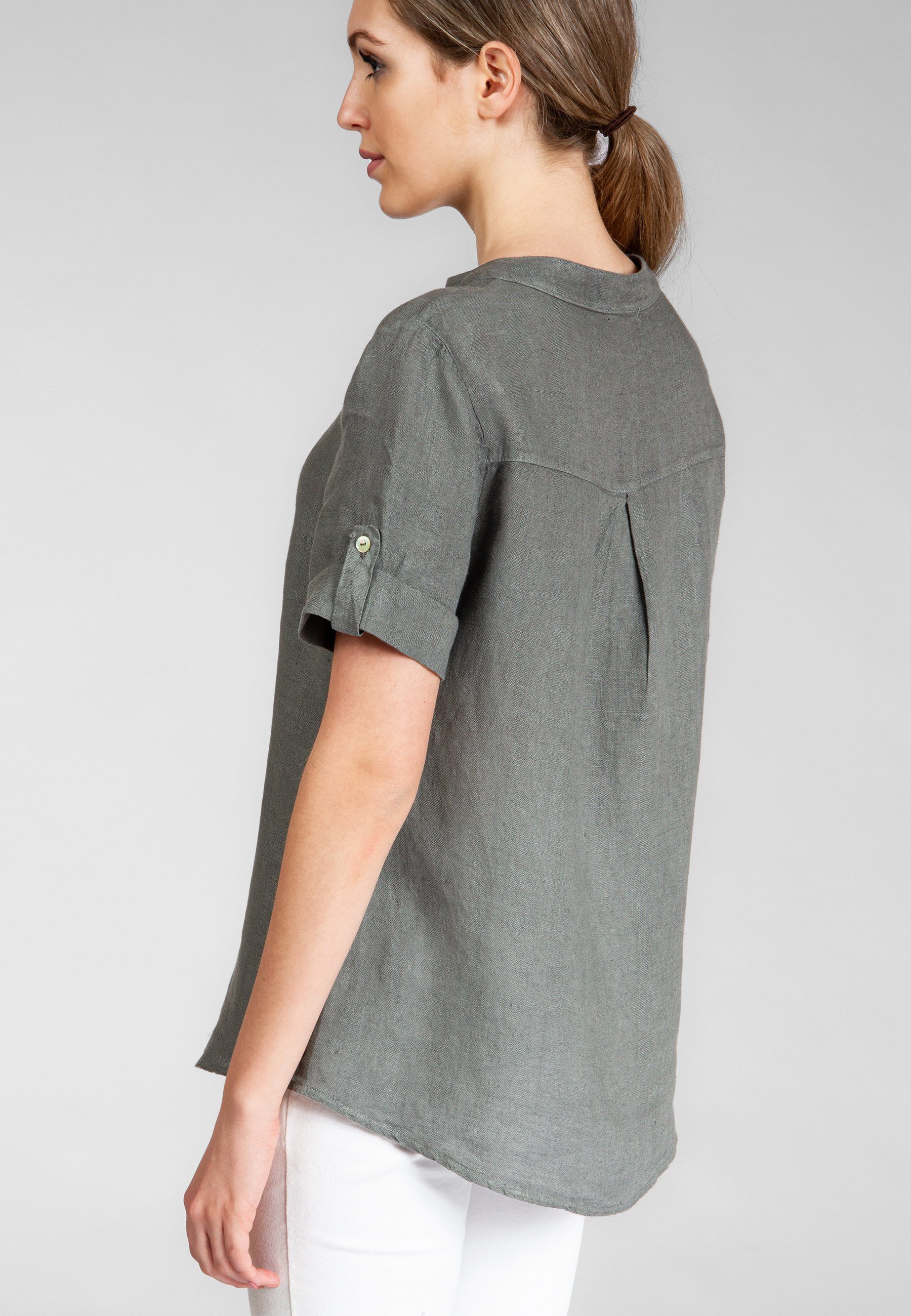 Damen Leinenbluse mit Shirtbluse Halbarm elegante stylischem Caspar grau BLU024 V-Ausschnitt Sommer