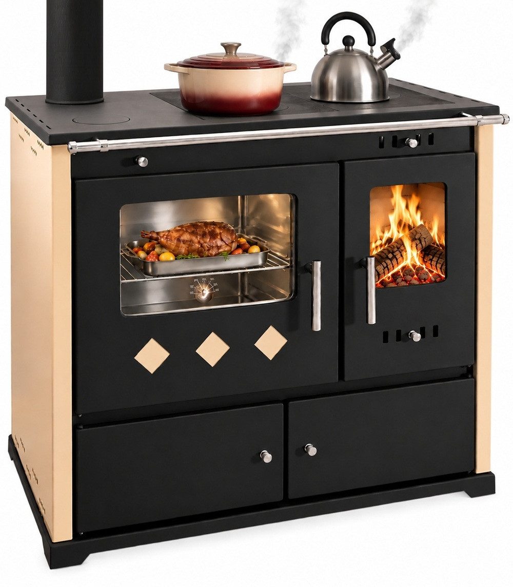 Prometey Festbrennstoffherd XL-Küchenofen Holzherd PR LUX INOX creme links mit Edelstahlbackfach, 9,4 kW