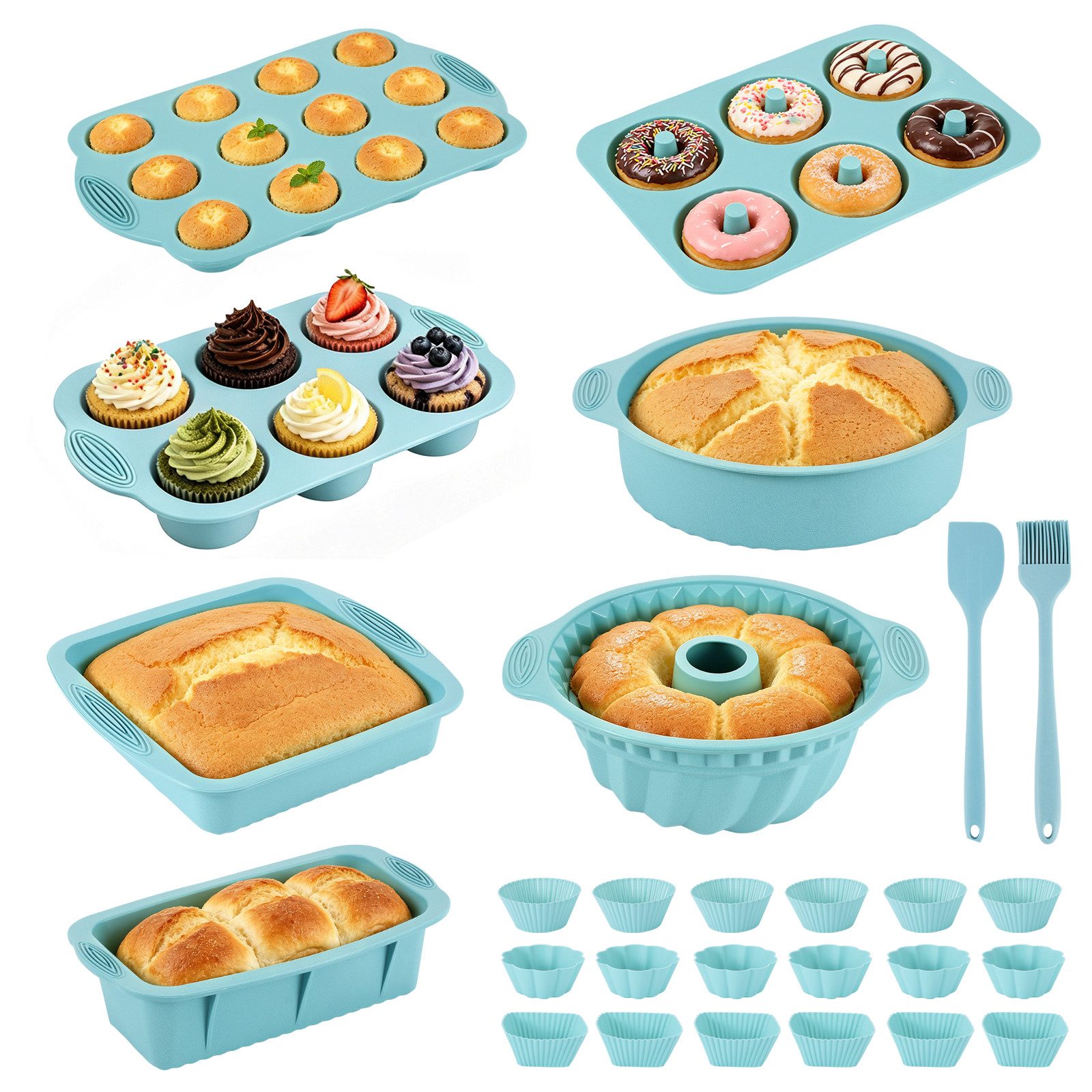 BlingBin Backform 8 Stück Silikon Backformen Set, Kuchenform Muffinform für Backen, (8er Set 8-tlg), Antihaft Springform mit Backpinsel Silikonspatel für Muffin Kuchen
