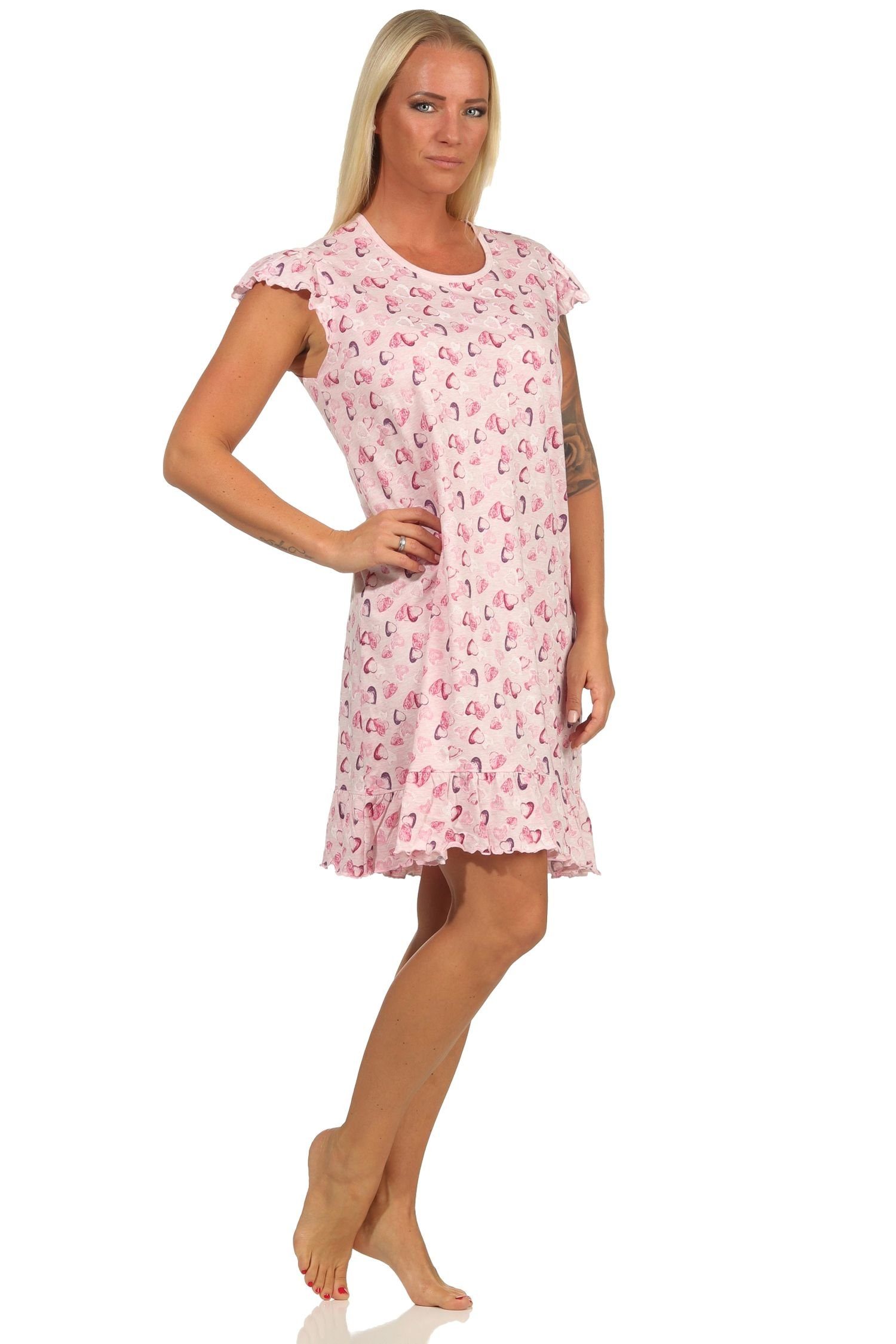 auch kurzarm mit in Normann Nachthemd Melange-Optik in – Herzmotiv rosa Übergrössen Damen Nachthemd