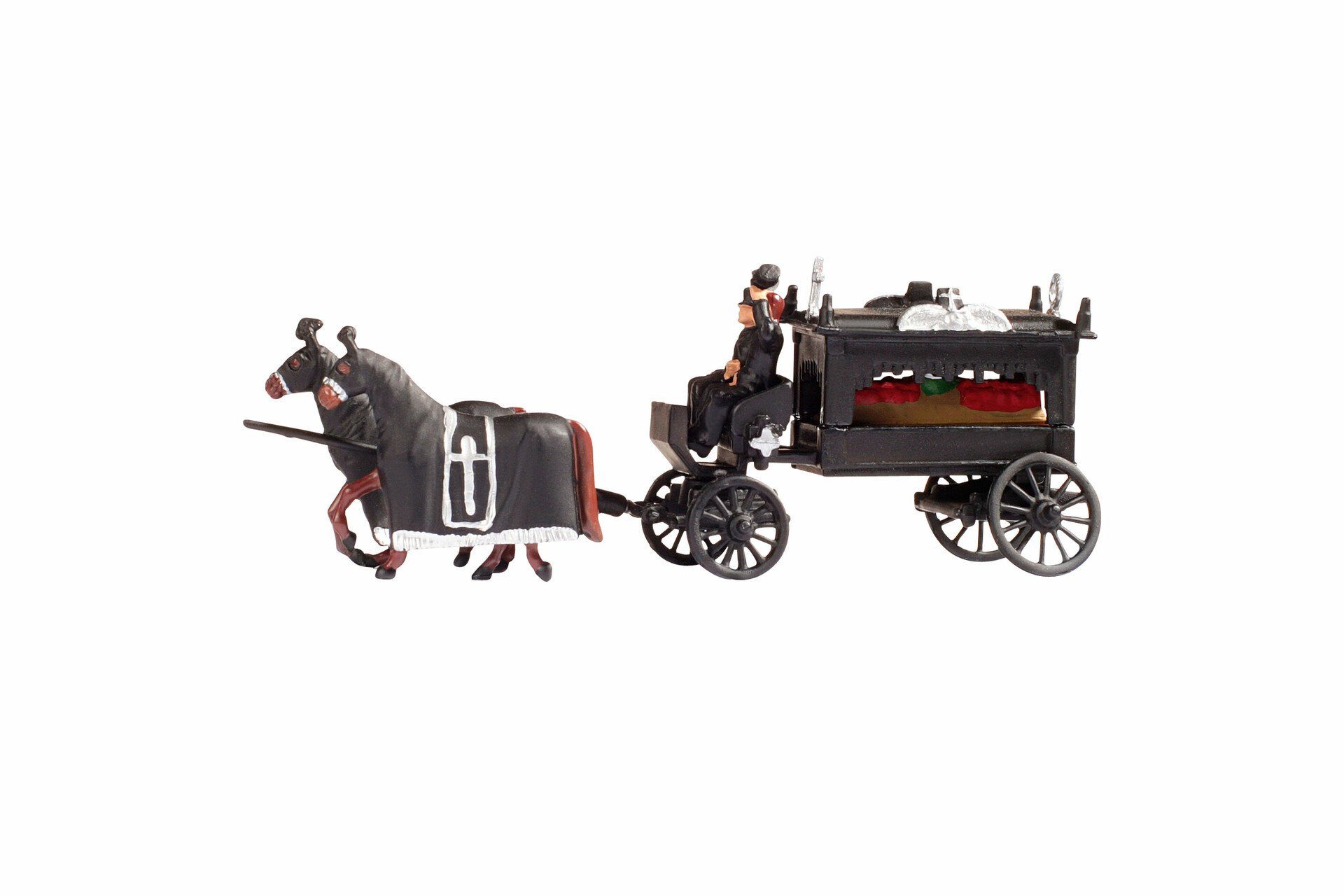 Dekofigur Leichenwagen, mit Pferdegespann, handkoloriert für