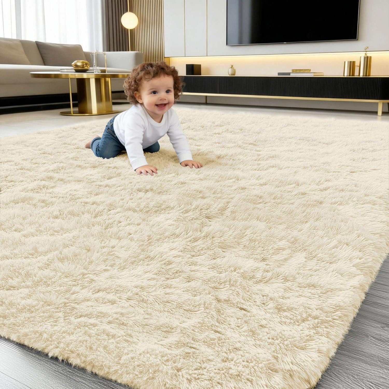 LuxusKollektion Hochflor-Teppich Hochflor Teppich Wohnzimmer Beige 160x220 cm, rechteckig, Höhe: 34 mm