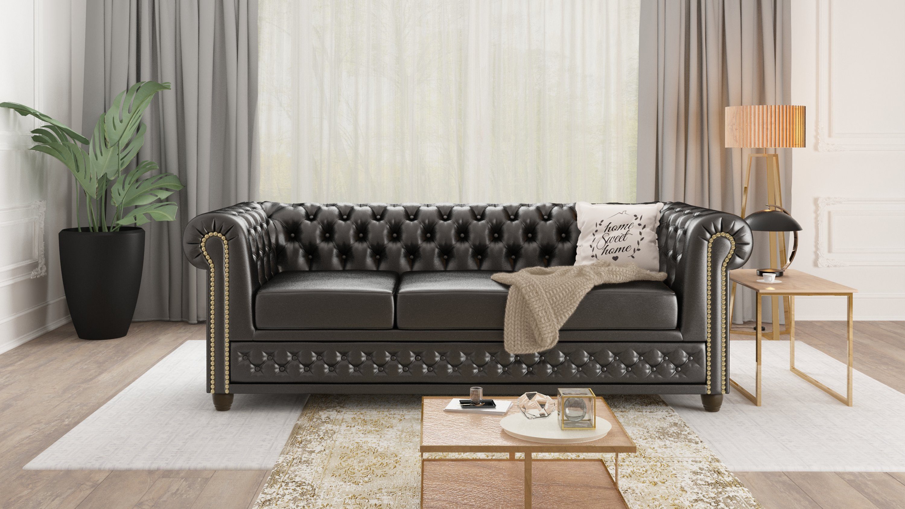 Wellenfederung mit Möbel x Schwarz 3-Sitzer, 203cm Chesterfield-Sofa Bettfunktion, S-Style mit T 86cm B x H Jeff, 72cm,