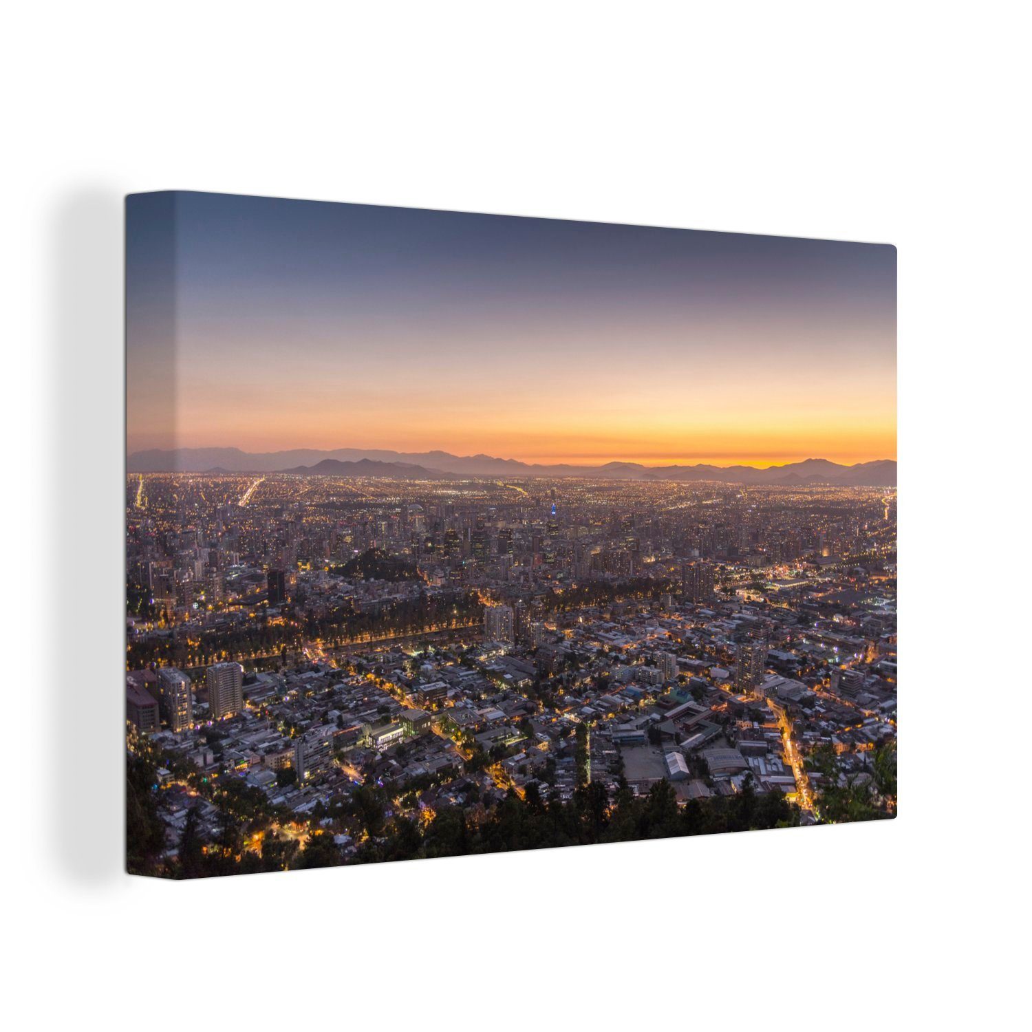 OneMillionCanvasses® Leinwandbild Santiago, die Hauptstadt von Chile, in der Abenddämmerung, (1 St), Wandbild Leinwandbilder, Aufhängefertig, Wanddeko, 30x20 cm