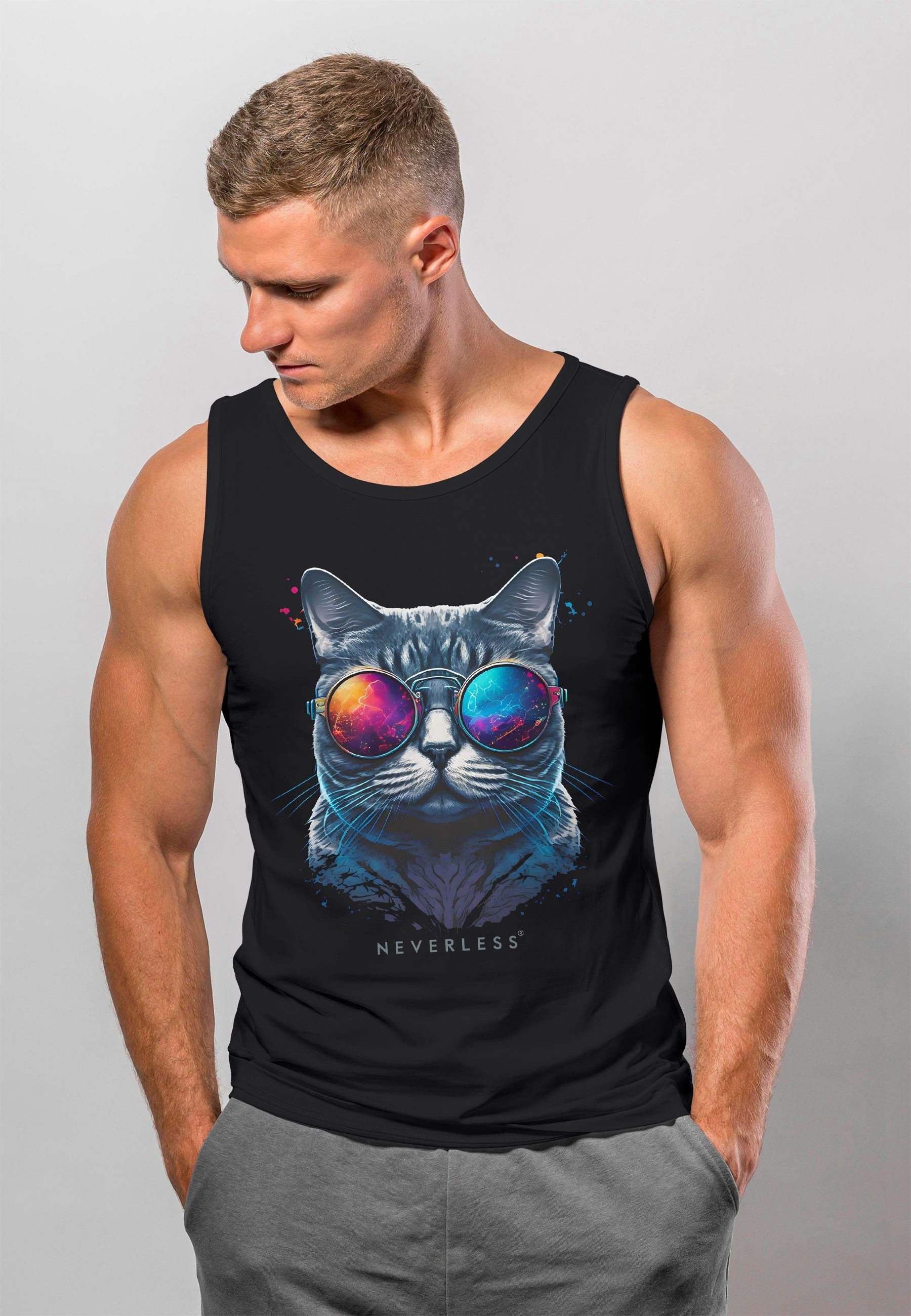 Neverless Tanktop Herren Tank-Top Aufdruck Katze günstig online kaufen