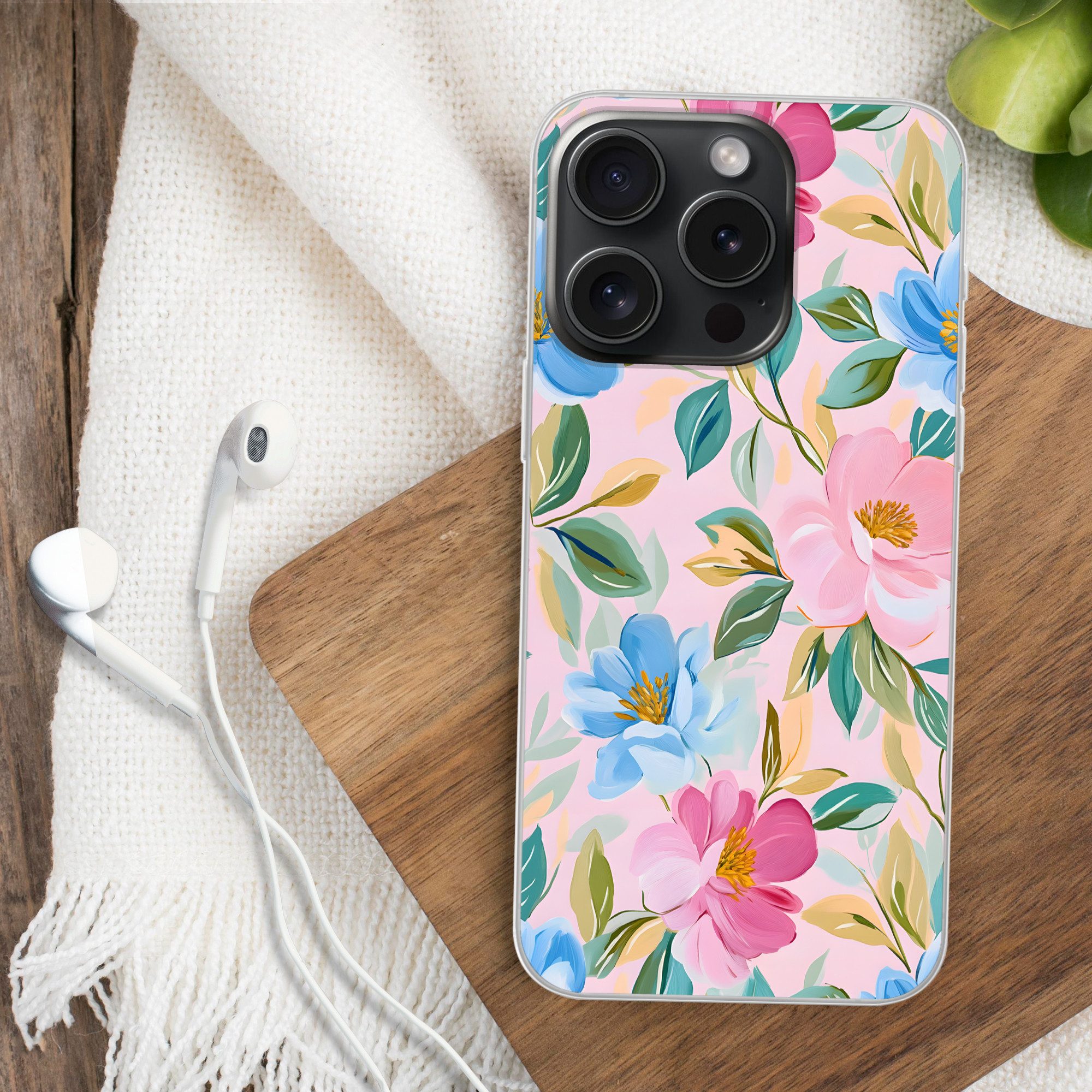 MuchoWow Handyhülle für Apple iPhone 15 Pro Blau - Rosa - Blumen, Smartphone-Bumper, Print, Handy Schutzhülle Dünn