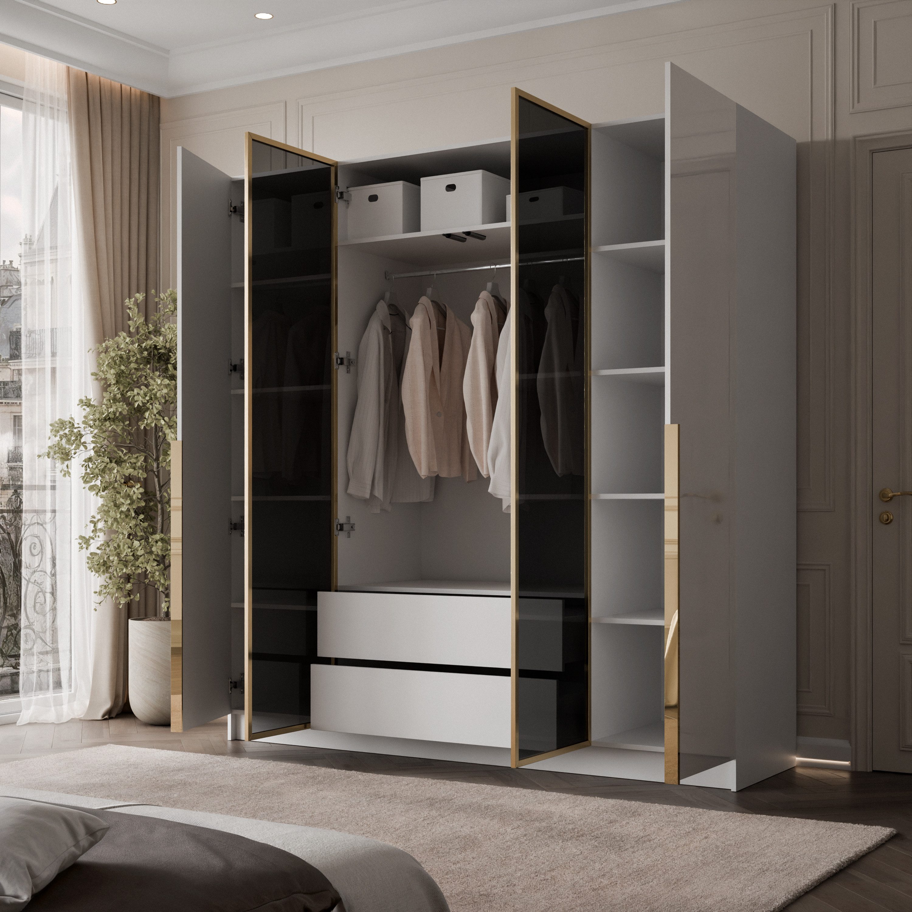 Lookway Kleiderschrank Viertüriger ATRIUM GOLD GLOSS mit Glasfront (mit Schubladen) 200x210x57 cm – Bild 3 von 5