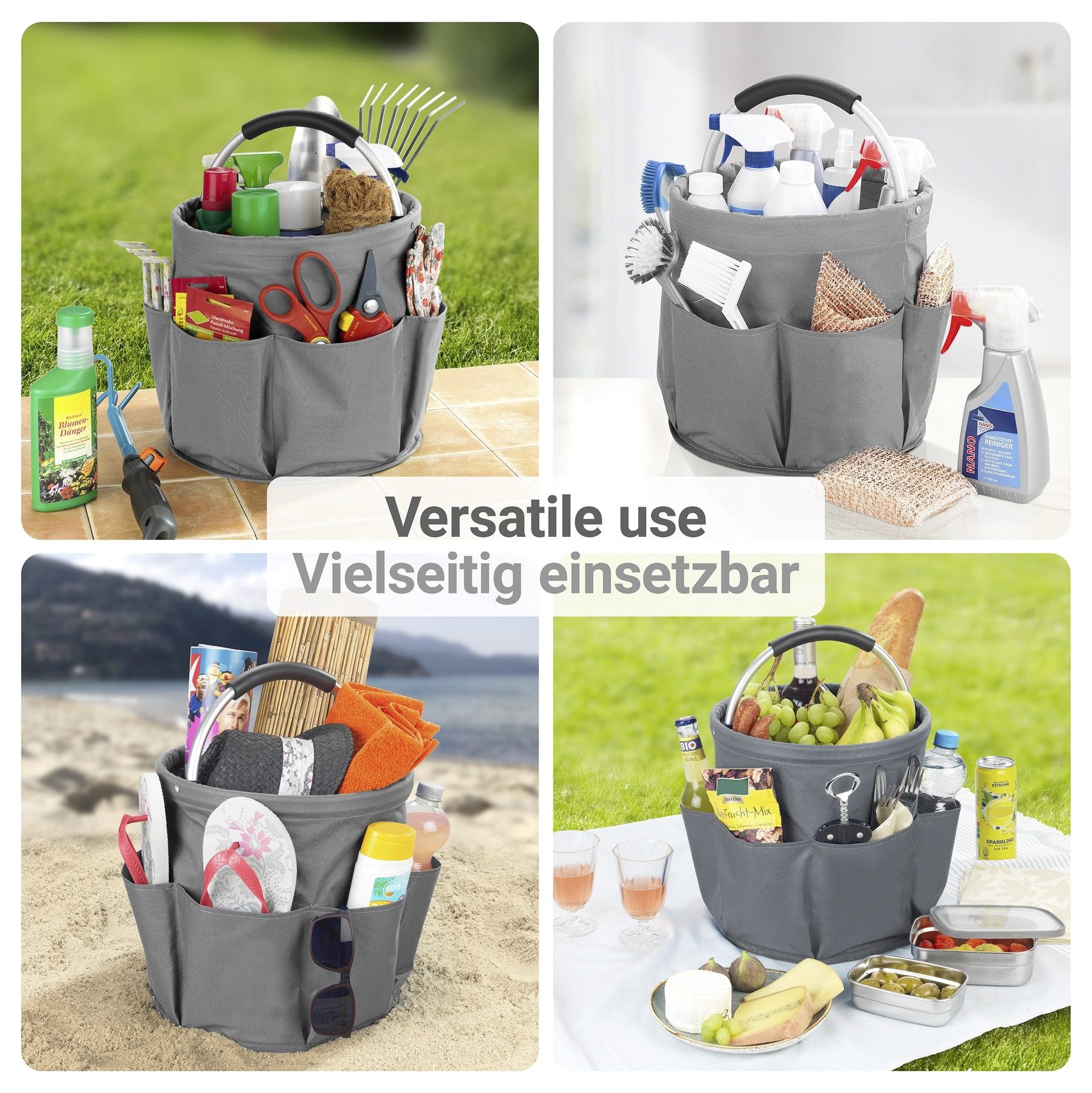 WENKO Falteimer Modell Universal-Caddy, (Set, 2-tlg), Organizer für Haus & Garten, platzsparend faltbar, mit 6 Außentaschen