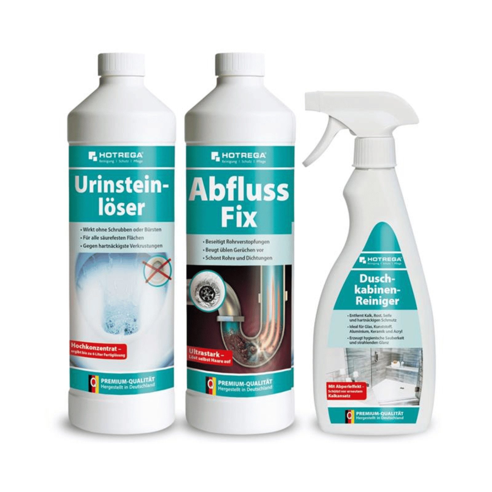 HOTREGA® Reinigungs-Set Urinsteinlöser 1L, Abfluss Fix 1L, Duschkabinenreiniger 500ml, (Für WC, Dusche uvm), Stark gegen Urinstein, Verstopfungen & Seifenrückstände