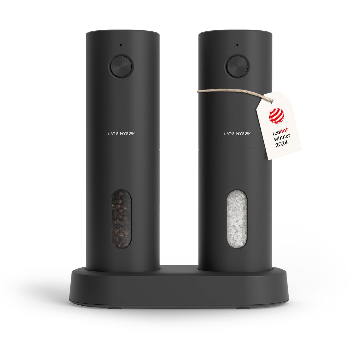 LARS NYSØM Gewürzmühle Spænding praktische Einhandbedienung per Drucktaste, (2 Stück), elektrische Salz- & Pfeffermühle mit eingebautem LED-Licht