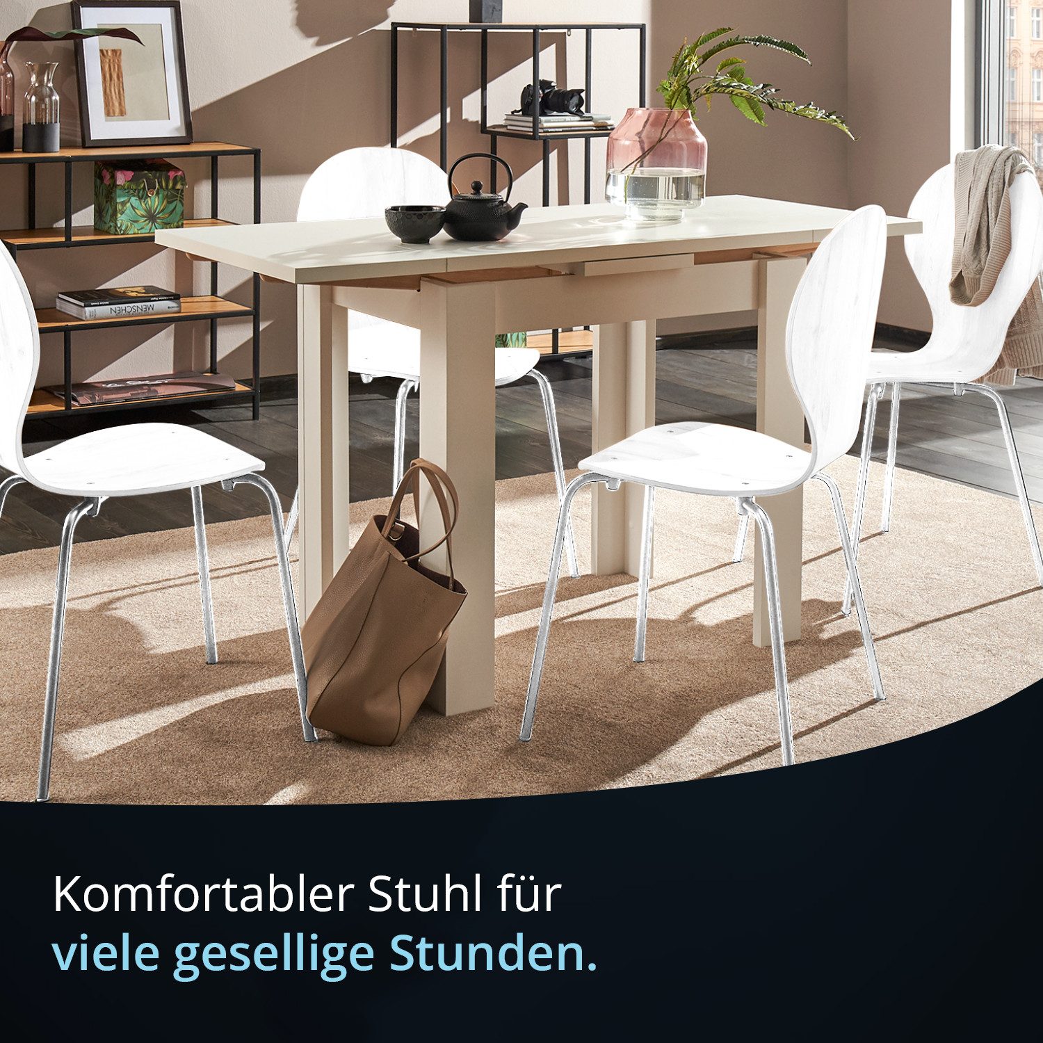 KHG Stapelstuhl Esszimmerstuhl Weiß, bis 110 kg belastbar, Modern, Stapelbar, Einteilige Sitzschale, Metallgestell verchromt silber