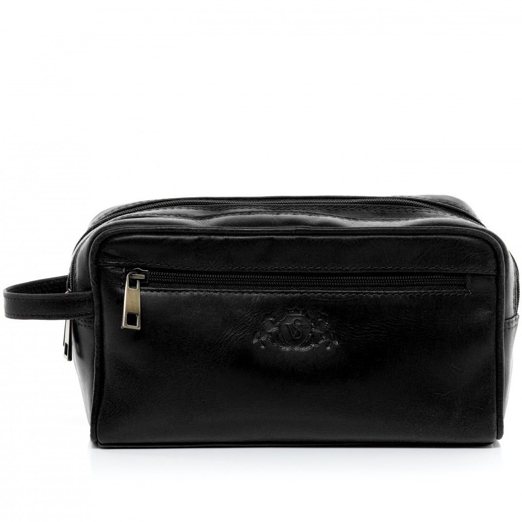 SID & VAIN Kosmetiktasche echt Leder Kulturtasche groß schwarz GATWICK, Waschbeutel Echtleder für Damen & Herren, Kosmetiktasche schwarz
