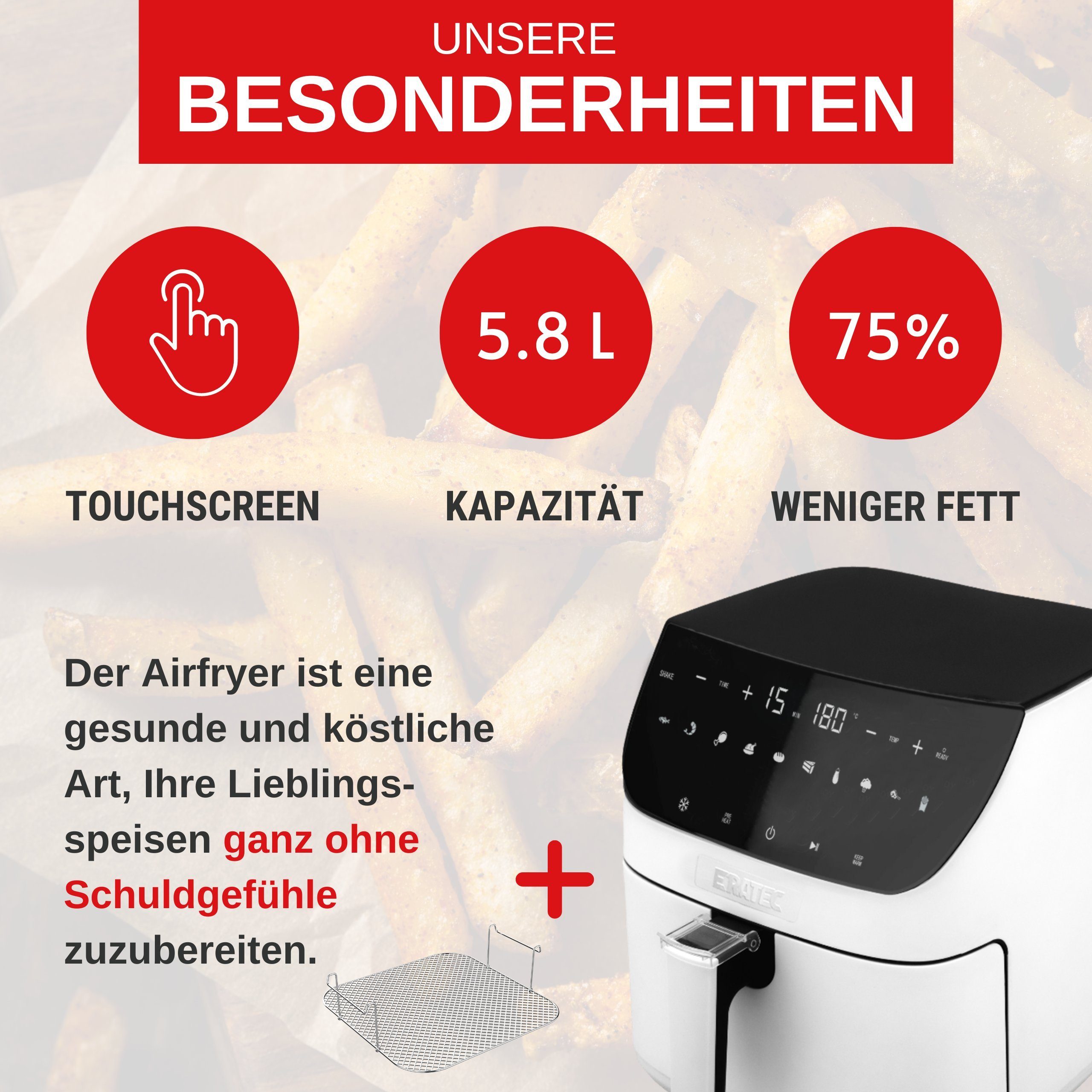 AF-66, Fassungsvermögen Eratec 6L Heißluftfritteuse Weiß W, 1500