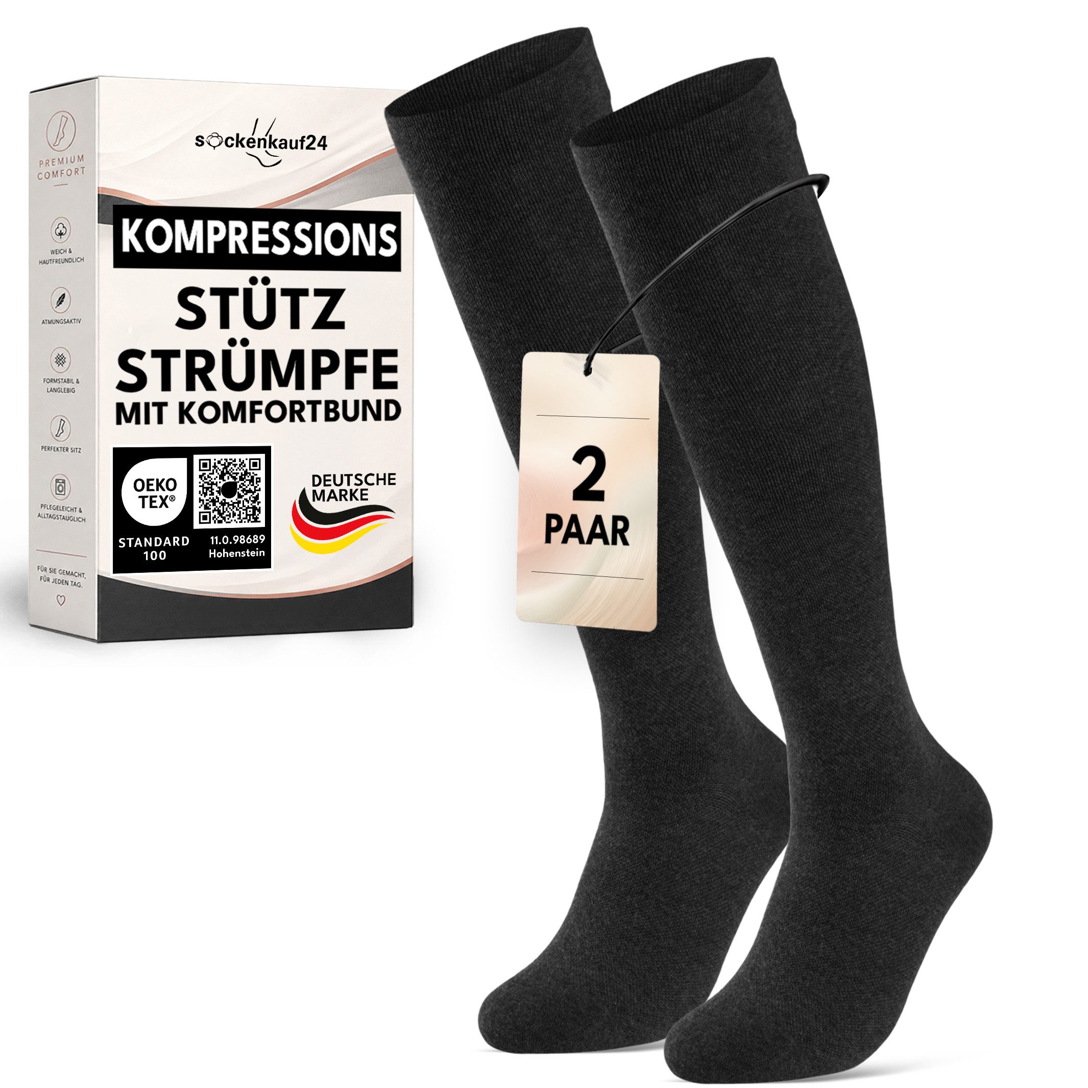 sockenkauf24 Kompressionsstrümpfe Stützstrümpfe mit Kompression Reisestrümpfe für Damen und Herren (2-Paar) Stützkniestrümpfe ohne Naht Baumwolle für Reisen,Arbeit,langes stehen