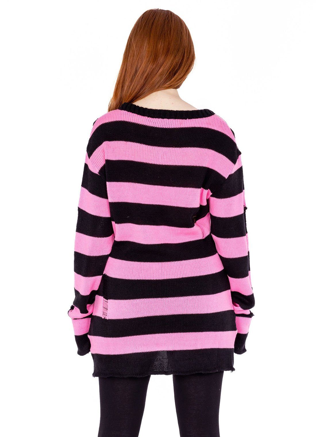 Heartless Strickpullover Oriana Strickpulli Rosa Goth Punk Gestreift Grunge Distressed