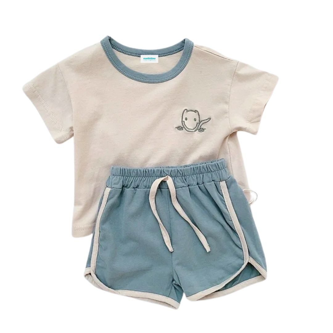 Shirt & Shorts Unisex Outfit Set kurze Hose und T-Shirt mit Dino Stickerei