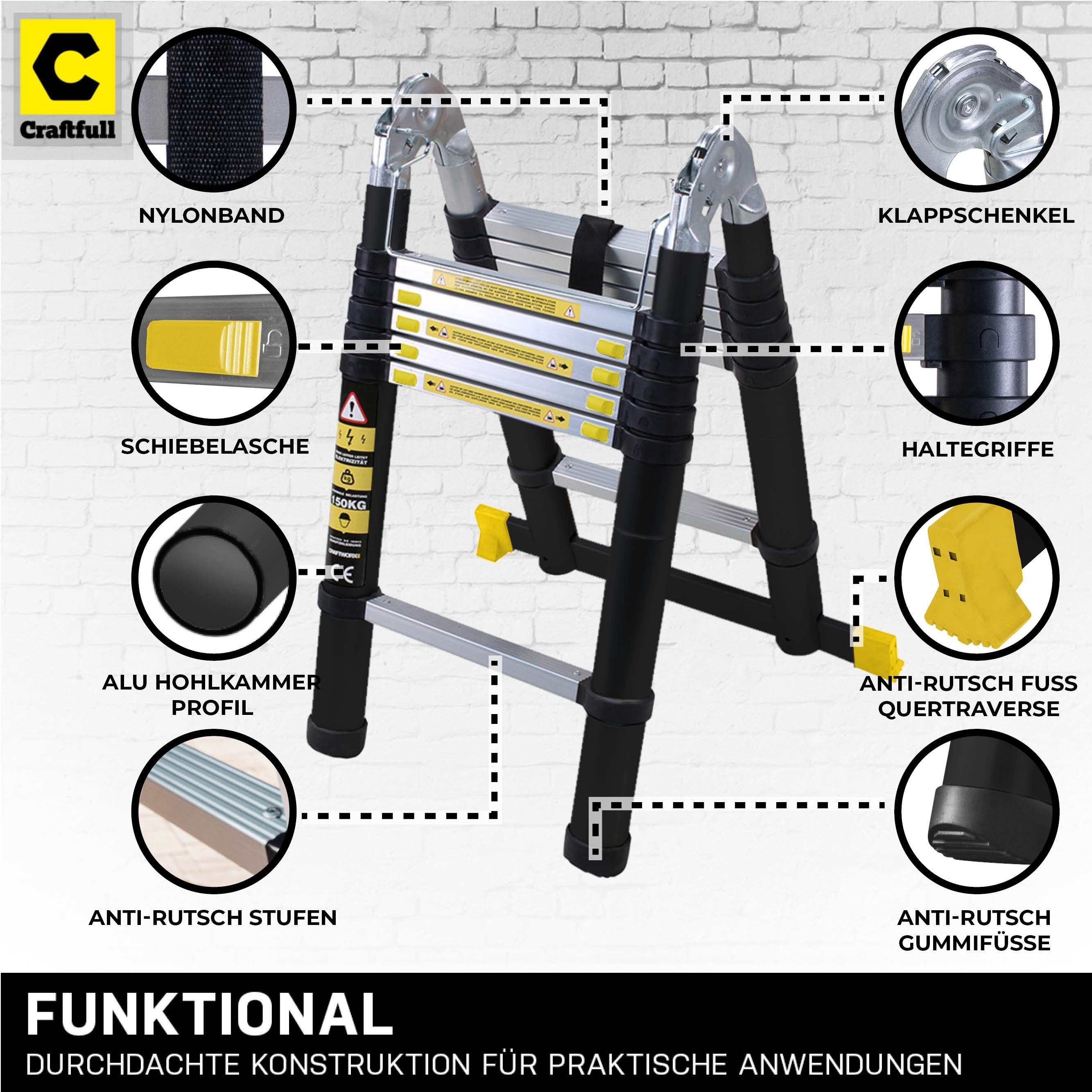 Craftfull Teleskopleiter Alu Klappleiter CF-102A Black günstig online kaufen