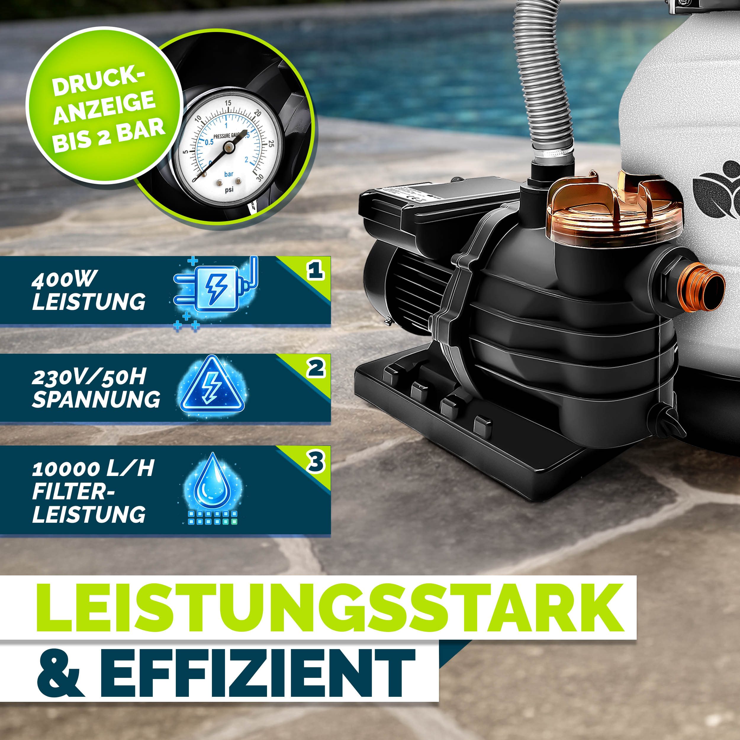 tillvex Sandfilteranlage 10 m³/h Filteranlage + 800g Filterbälle 7-Wege Ventil Poolfilter, Filterkessel mit Druckanzeige Sandfilter für Pool und Schwimmbecken – Bild 4 von 5