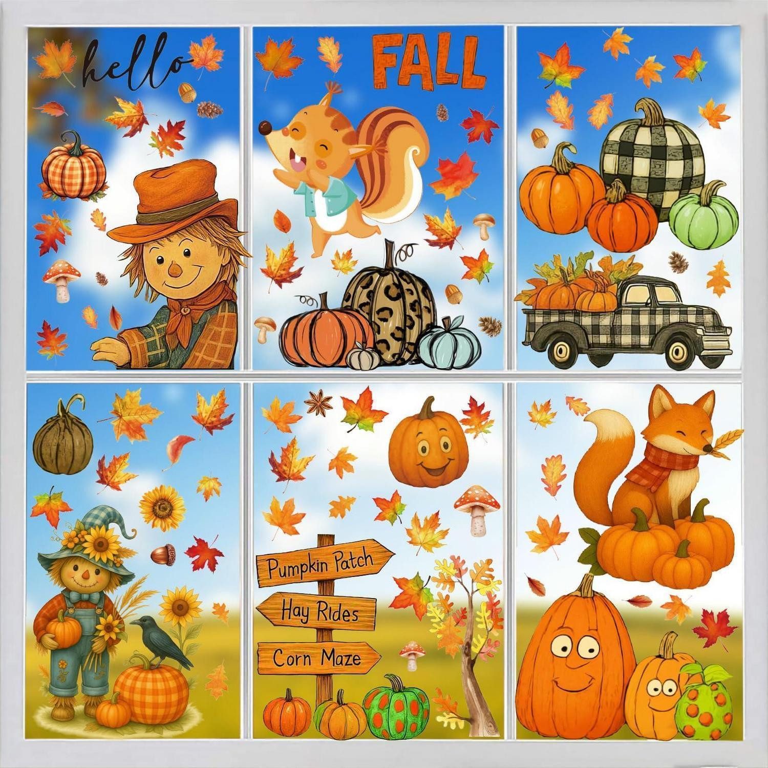 LuxusKollektion Fensterbild Fensterbilder Herbst 9 Blatt Eichhörnchen Kürbis Ahorn Fuchs