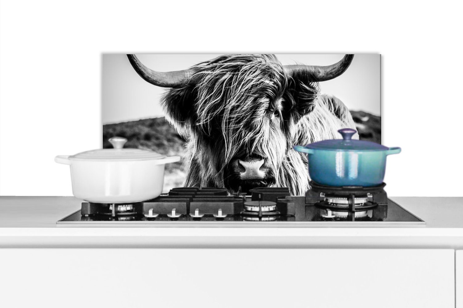 MuchoWow Küchenrückwand Schottischer Highlander - Natur - Kuh - Schwarz - Weiß, (1-tlg), 60x30 cm, Wandschutz, gegen Fett und Schmutzflecken für Küchen