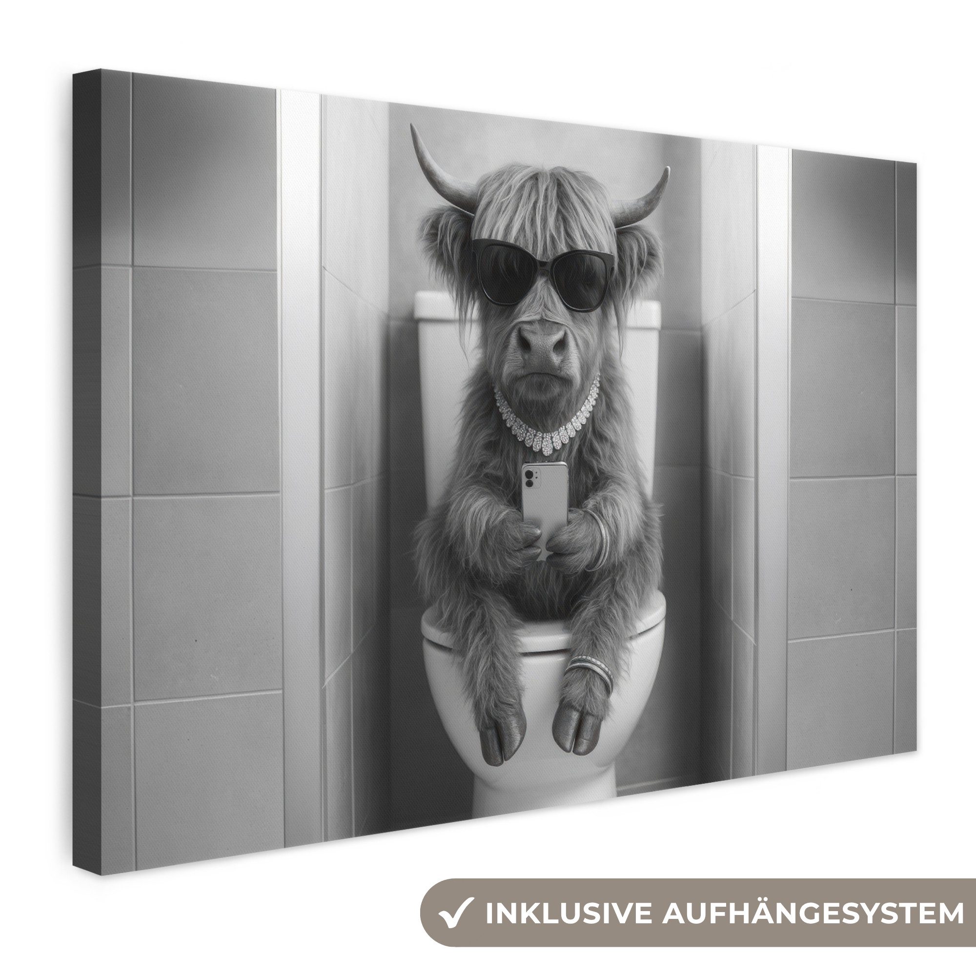 OneMillionCanvasses® Leinwandbild Taurus - Telefon - Toilette - Schwarz - Weiß, Fotodruck (1 St), Leinwand Bilder Klein, Wand Dekoration Aesthetic 30x20 cm