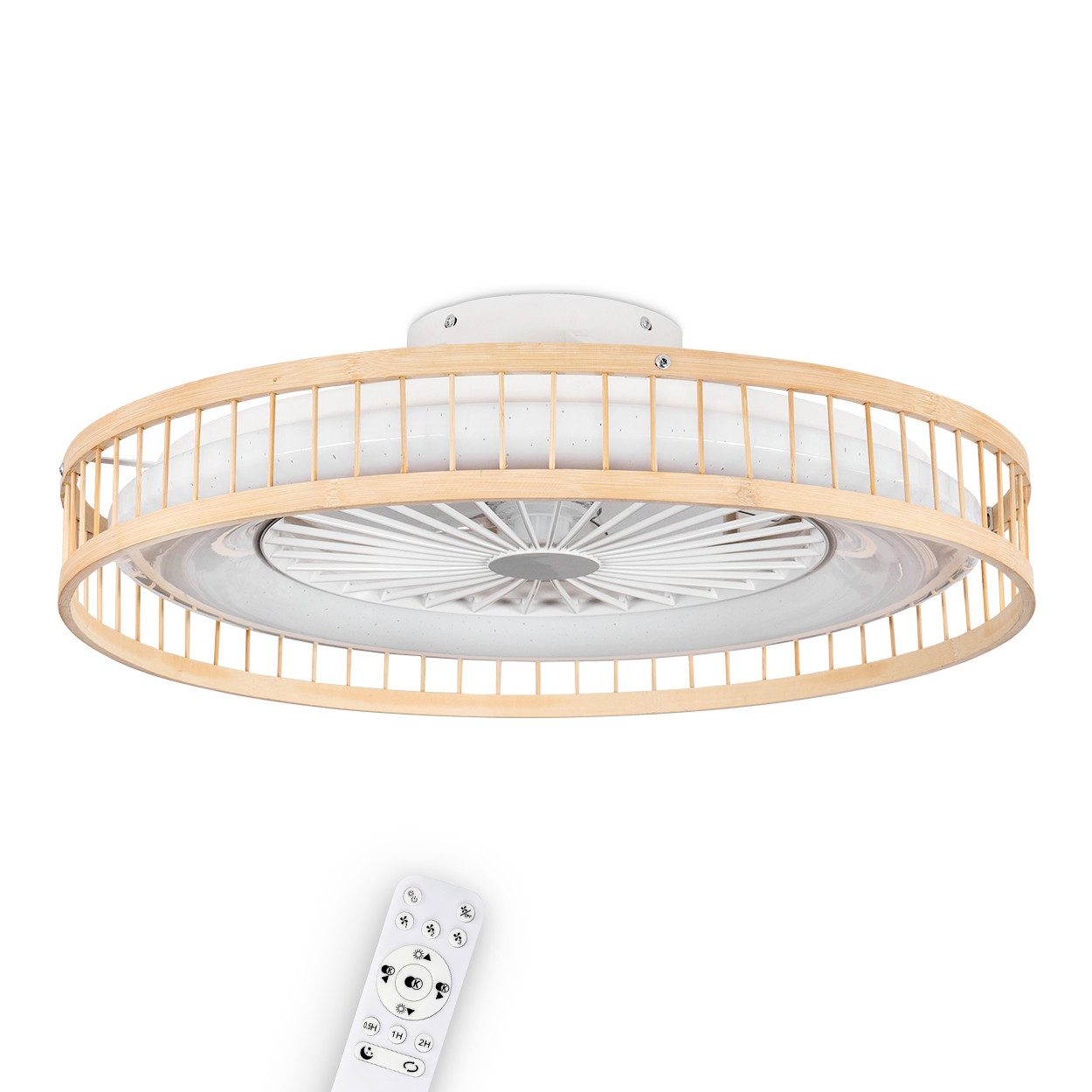 hofstein Deckenventilator Ventilator aus Kunststoff/Holz in Weiß/Natur/Glitzereffekt, Ø 55cm, Boho Leuchte, Fernbedienung, 40W, 1700 Lumen, 3000-6500 Kelvin, CCT