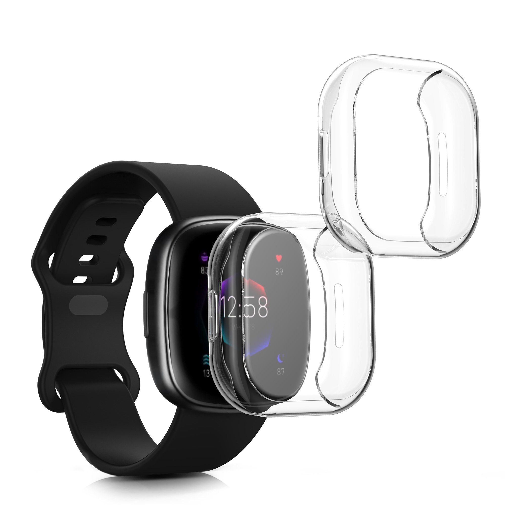 kwmobile Smartwatch-Hülle 2x Silikon Hülle für Fitbit Versa 4 / Sense 2, Schutzhülle Fullbody Display Cover Set aus Silikon
