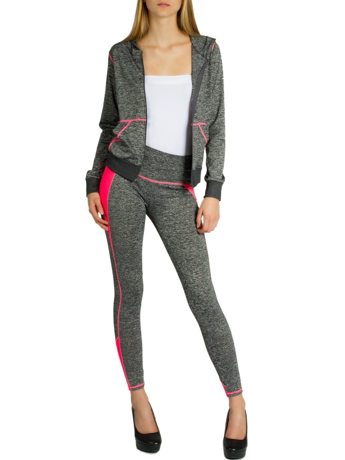 Caspar Trainingsanzug JG001 stylischer Damen Jogginganzug mit Kapuze grau meliert / neon pink