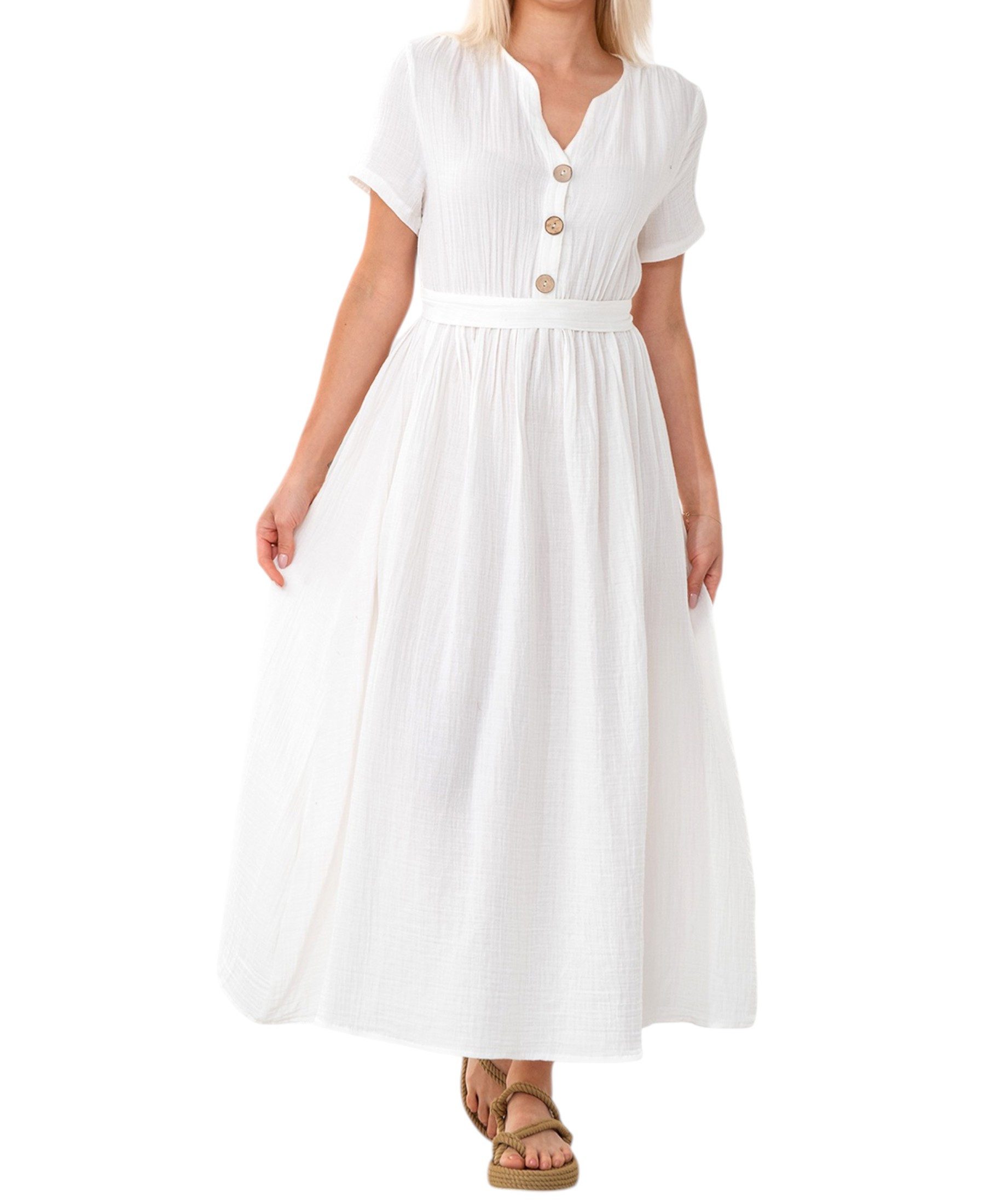 WENOR Sommerkleid Musselin Boho Kleid mit Knopfleiste & Taillenband, Freize günstig online kaufen