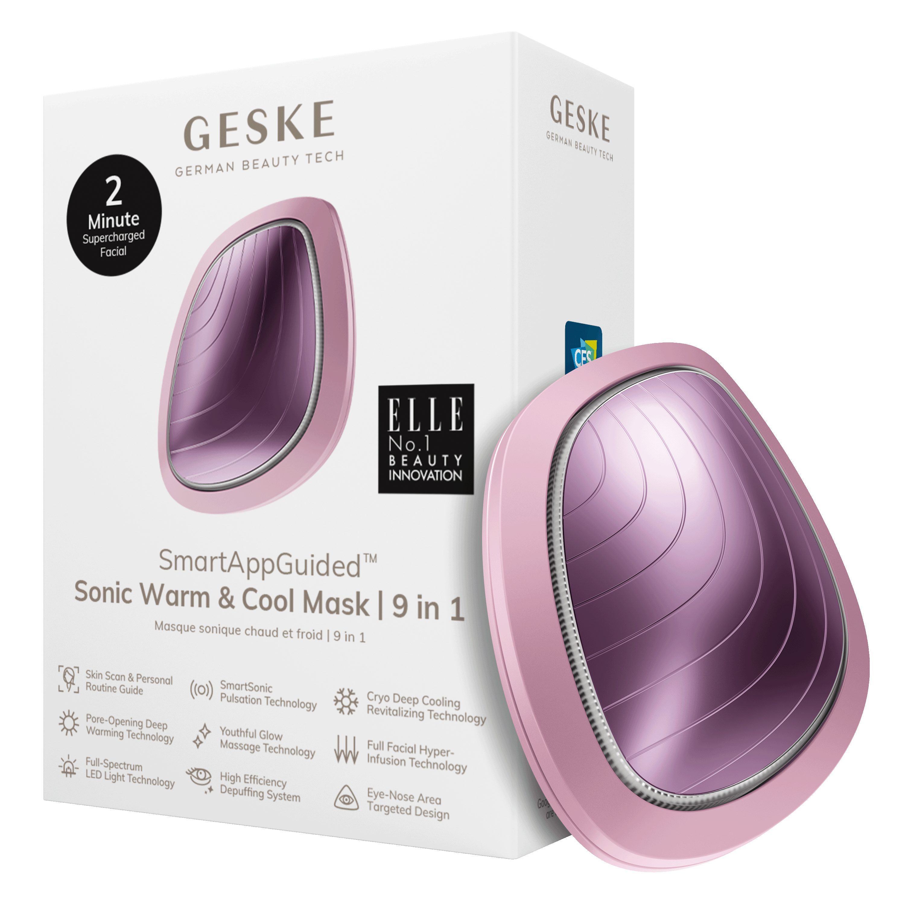 GESKE German Beauty Tech Enhancer SmartAppGuided™ Sonic Warm & Cool Mask 9 in 1, Packung (Gerät & USB-Ladekabel), 2-tlg., Gerät inkl. kostenloser APP (SmartAppGuided Device), Mit der GESKE App erhältst Du deine personalisierte Hautpflegeroutine. Pink