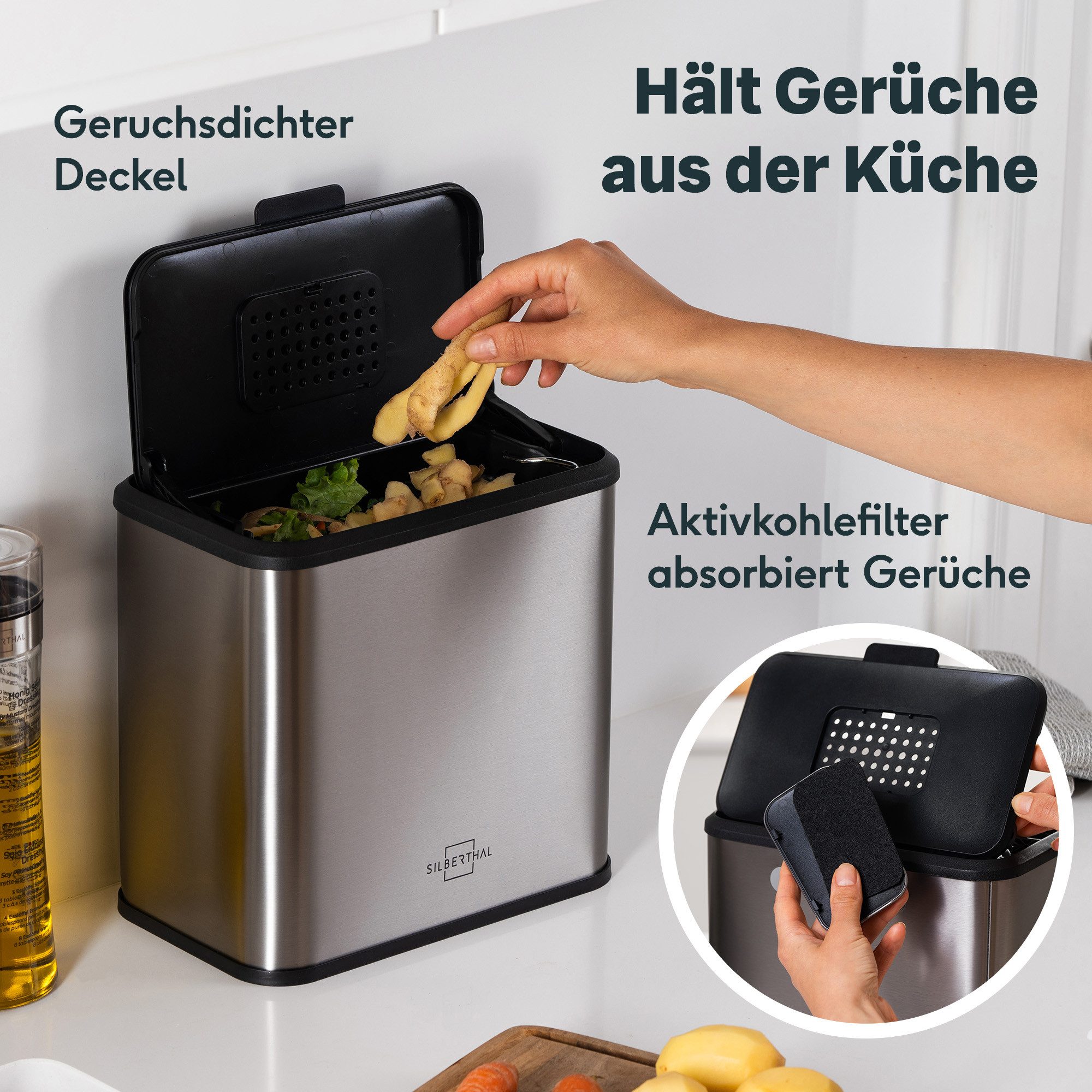 SILBERTHAL Biomülleimer klein Edelstahl 4 Liter für die Küche, zum Einhängen, Stellen oder Ankleben – Bild 2 von 5