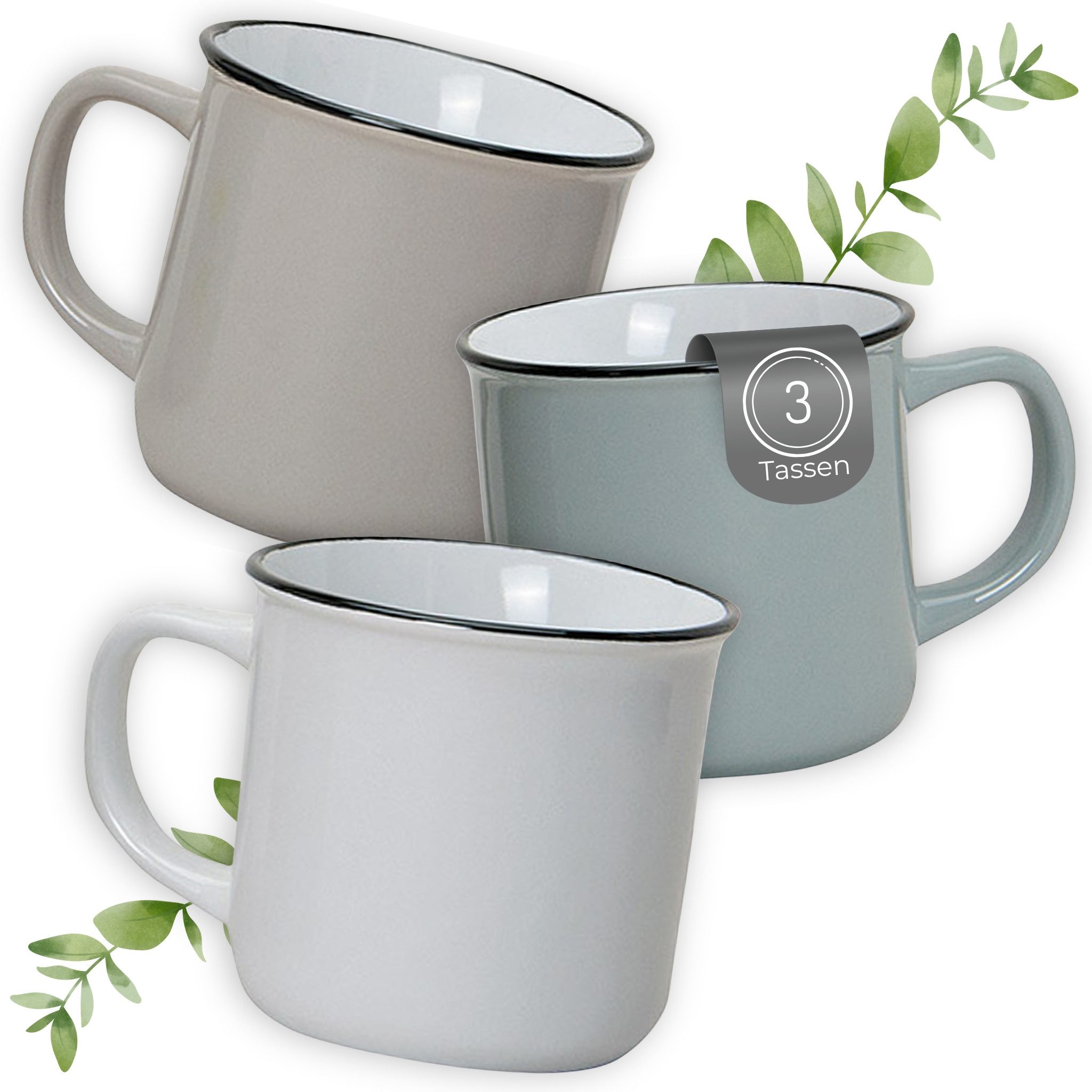 matches21 HOME & HOBBY Tasse Kaffeetassen Set Natur, 3er Set Keramik-Tassen, für 300 ml, 3-tlg., Porzellan, Dopamin Deko Kaffeebecher für Tee & Cappuccino
