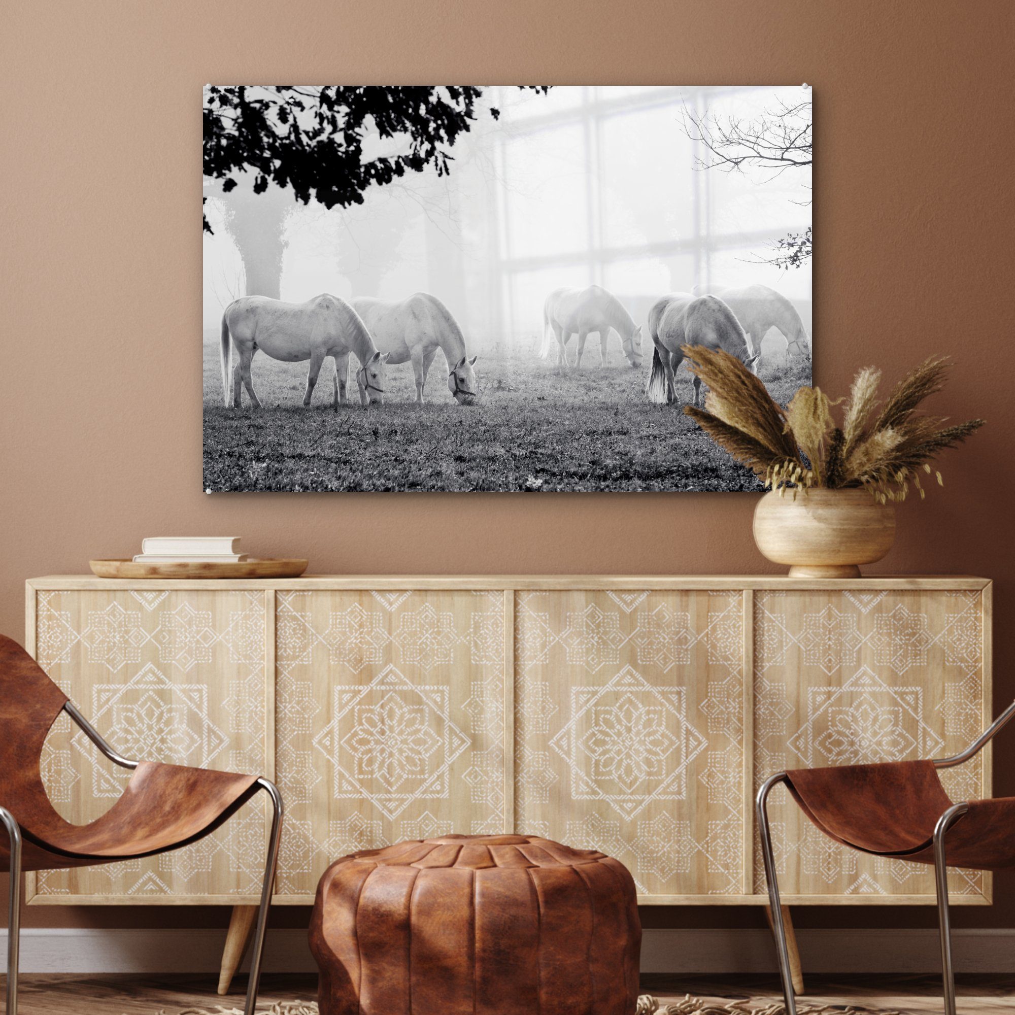 & - Wohnzimmer Acrylglasbild - Schwarz Weiß, MuchoWow - Schlafzimmer Pferde (1 Lipizzaner St), Acrylglasbilder