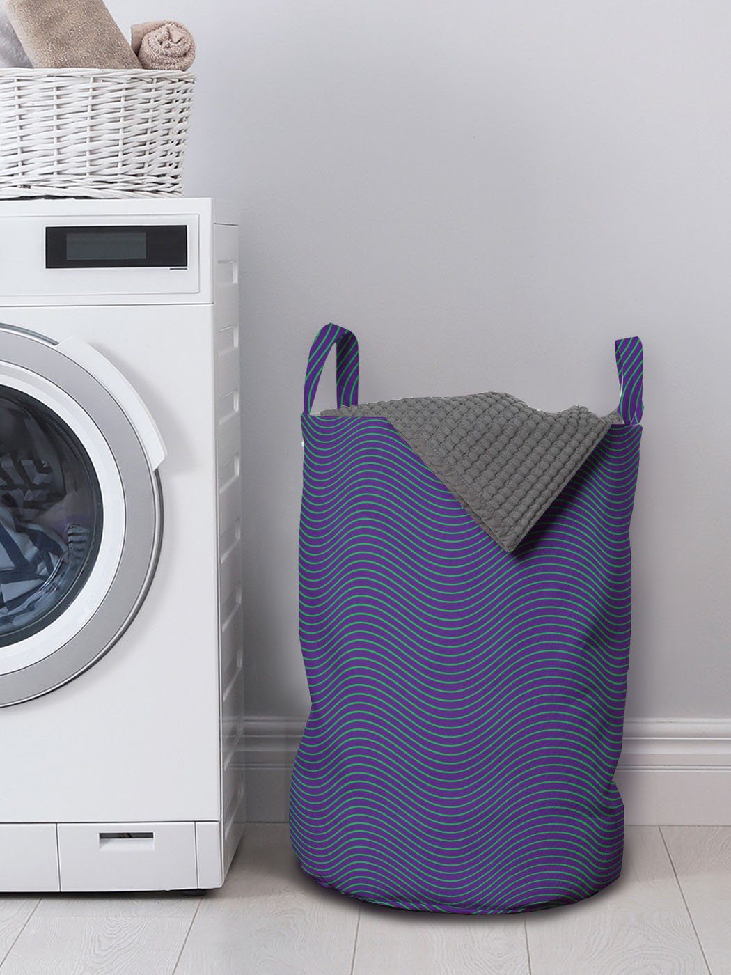 Abakuhaus Wäschesäckchen Wäschekorb mit Graphisches Waves Waschsalons, Kordelzugverschluss Inhalt Lila Griffen für