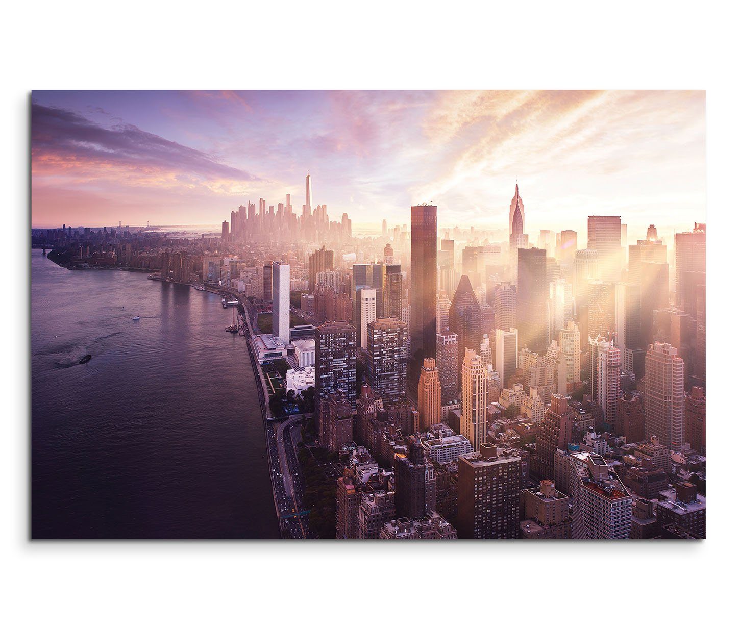 Sinus Art Leinwandbild 120x80cm Wandbild New York Manhattan Wolkenkratzer Wasser Abendlicht