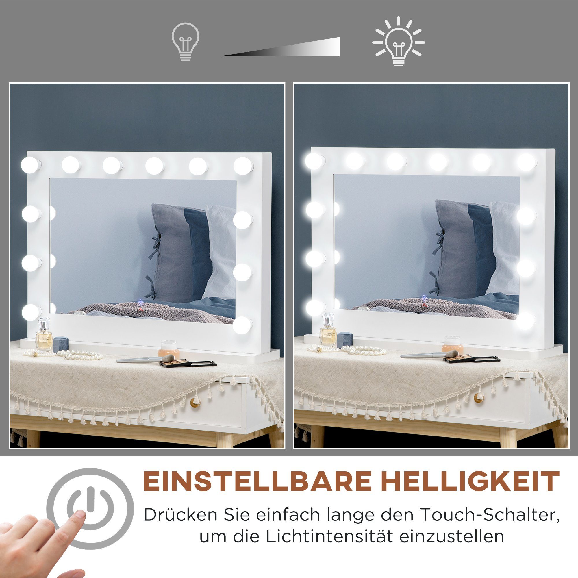 HOMCOM Spiegel Kosmetikspiegel cm mit 1-St., 12 80 Spiegel), (Schminkspiegel, x 60 Lampen Dimmbare Hollywood LED