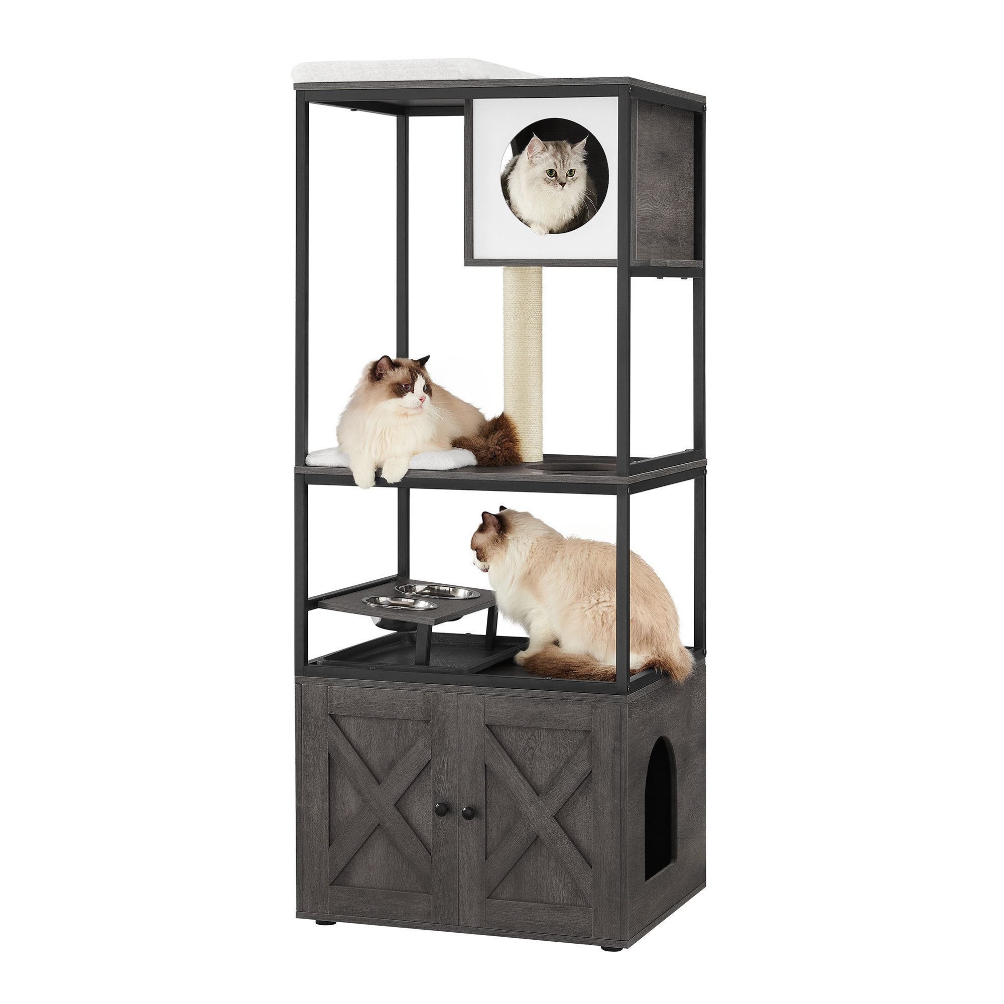 FEANDREA Kratzbaum, 3-in-1, mit Katzenklo-Schrank, erhöhter Napfständer günstig online kaufen