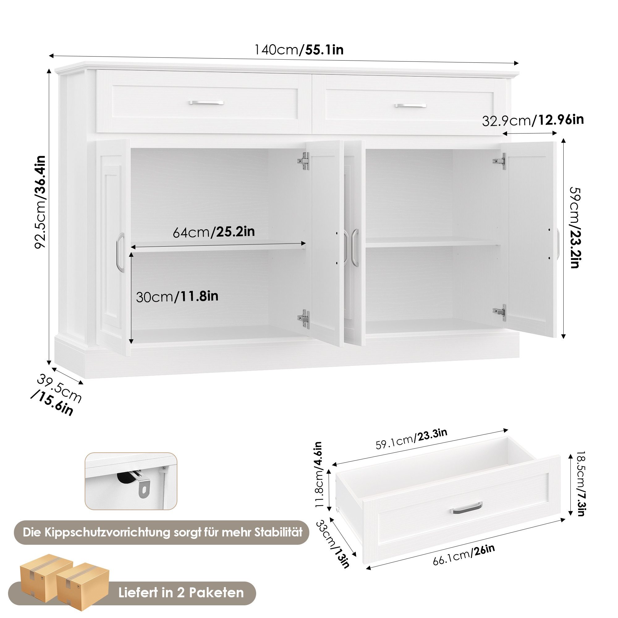 Homfa Sideboard Breite 140cm Küchenschrank Buffetschrank, günstig online kaufen