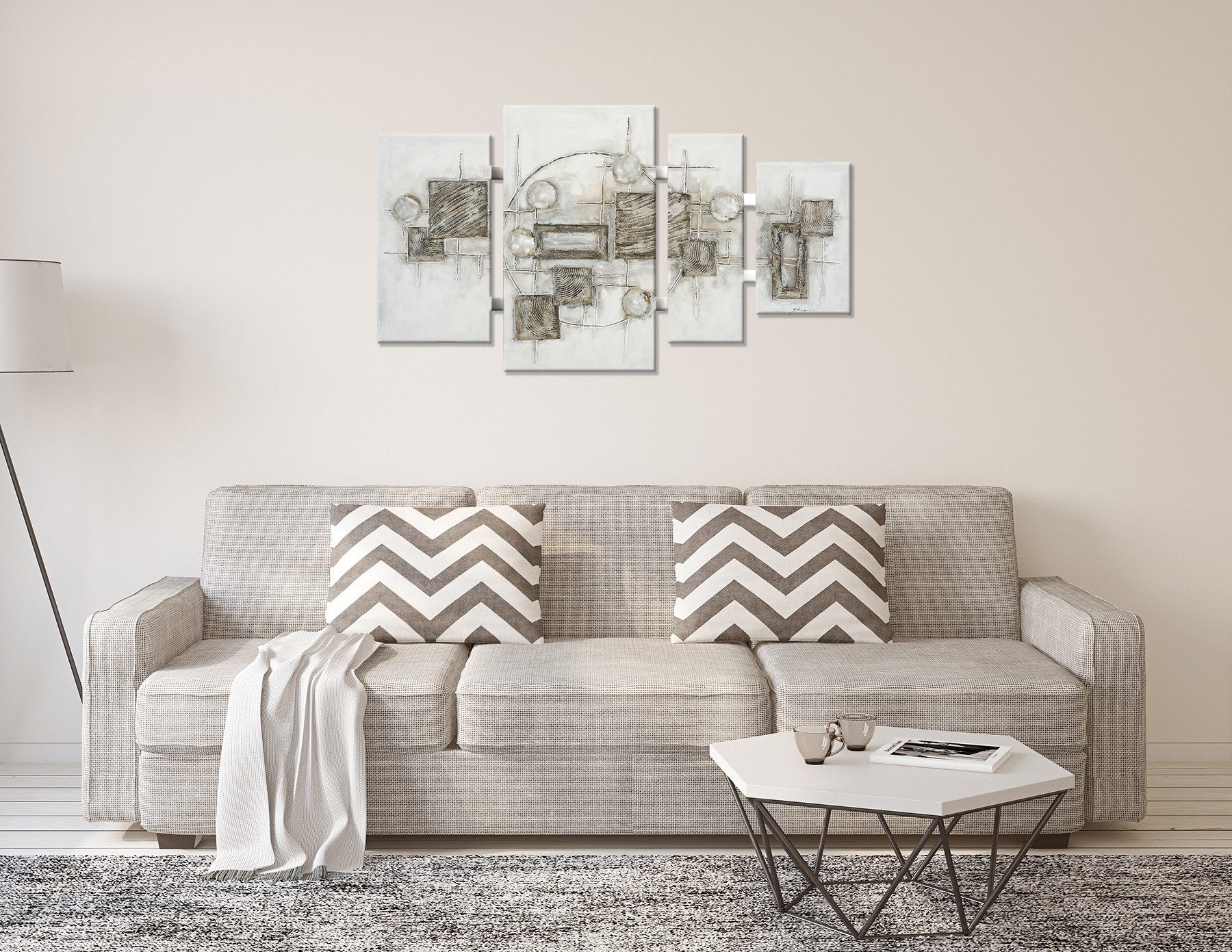 Bönninghoff Ölgemälde handarbeit 4-teilig QUADRATE ABSTRAKT 70x124 cm – Wandbild, Abstrakt, Formen, Muster, handgefertigt, jedes Bild ein Unikat