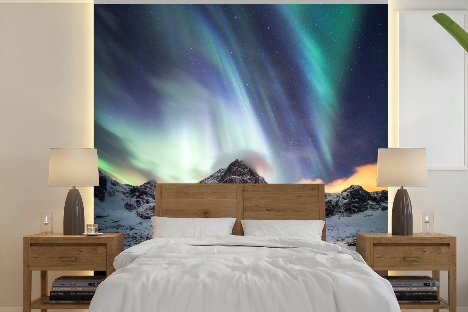 Nordlichter - Fototapete St), Wohnzimmer bedruckt, für Schnee Matt, Fototapete (4 Schlafzimmer Vliestapete Berge, MuchoWow Küche, -