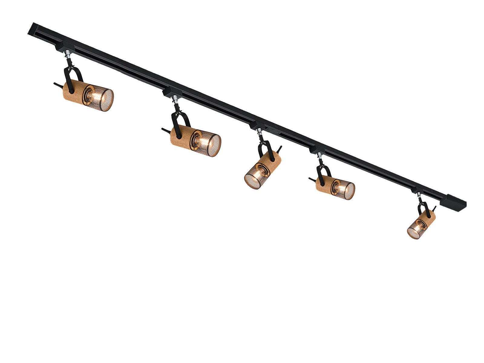 TRIO Leuchten Schienensystem-Sets komplett mit 5 Strahlern, Länge 202,5cm, ohne Leuchtmittel, 2-Phasen Lichtschienensystem mit 5 Holz Spots für Wand & Decke