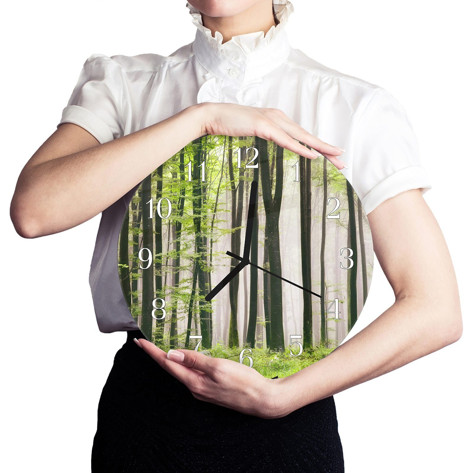 aus Glas Rund Durchmesser cm Quarzuhrwerk mit Frühlingswald Primedeco mit Wanduhr und - Wanduhr Motiv 30