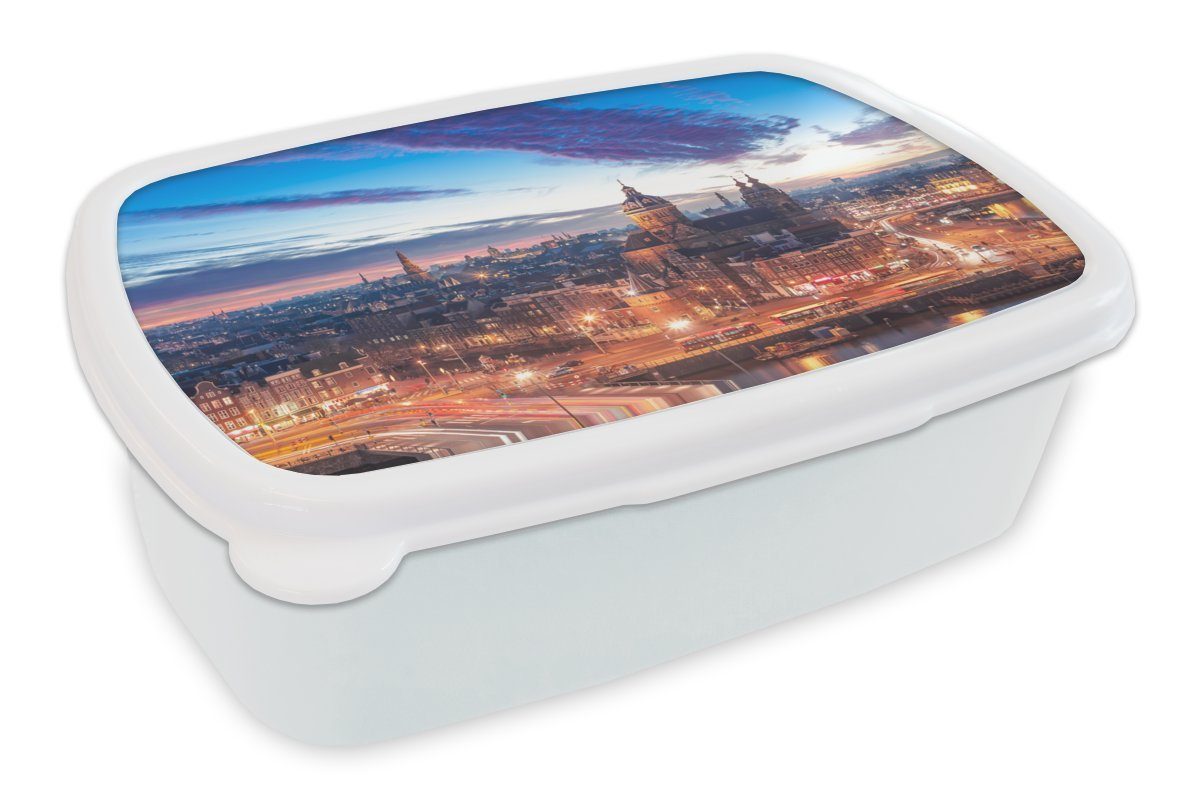 MuchoWow Lunchbox Amsterdam - Erwachsene, für Skyline (2-tlg), Kunststoff, Jungs Nacht, für und Brotdose, Kinder Brotbox und Mädchen weiß