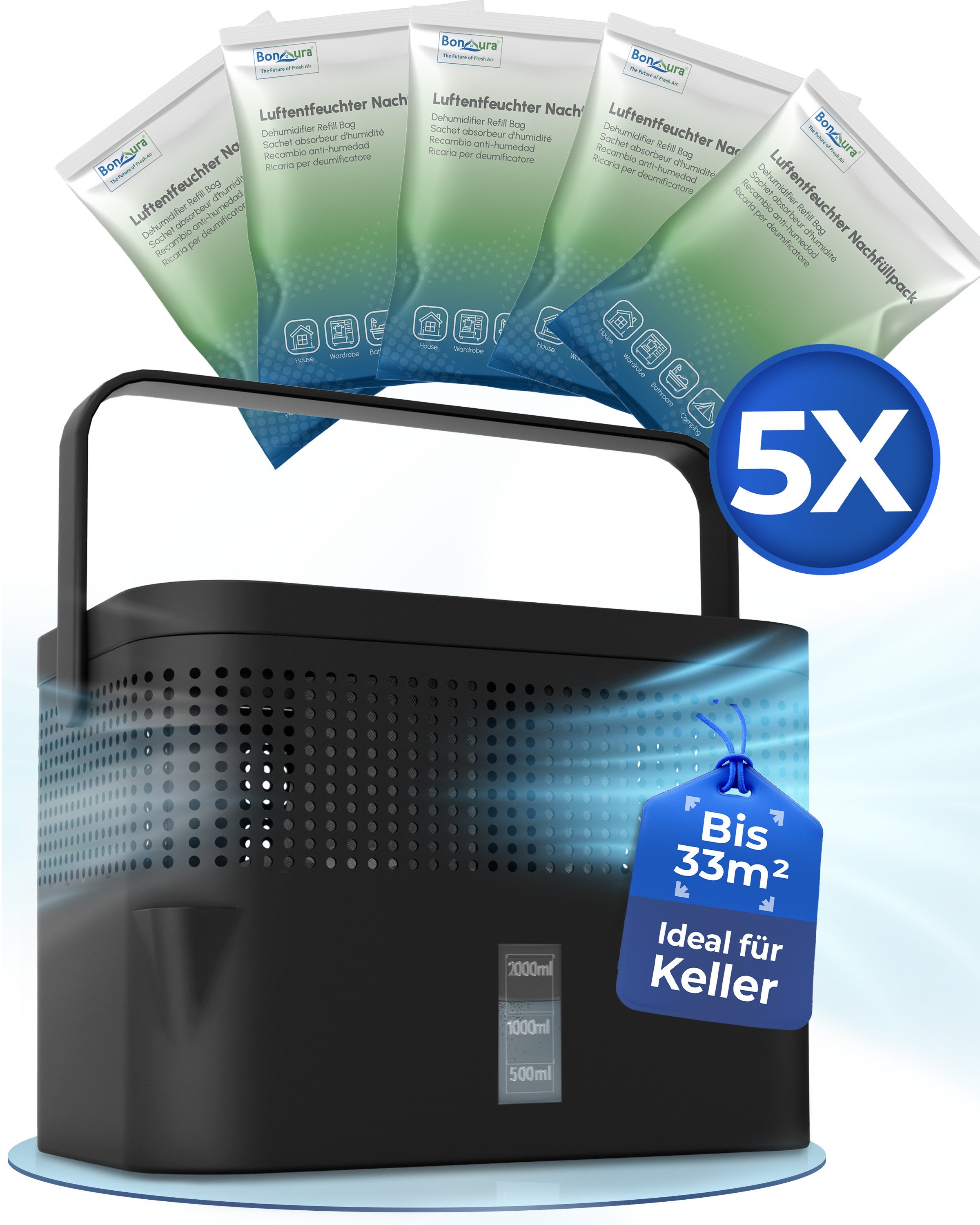 BonAura Luftentfeuchter ohne Strom, für 79 m³ Räume, Tank 2 l, 5 x 980g Gra günstig online kaufen